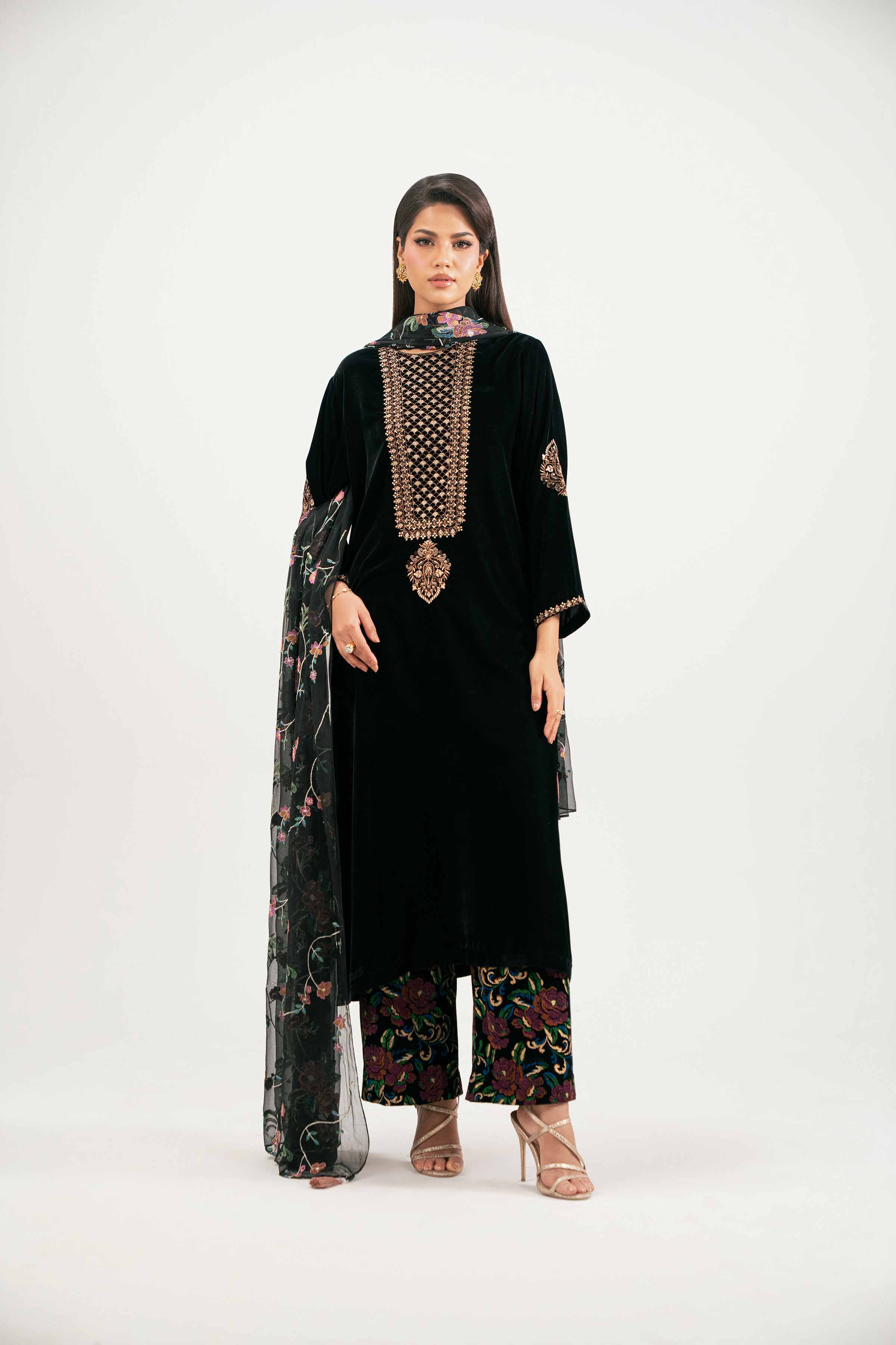 NISHATUAE - Black Embroidered Velvet 3-piece Ready to wear Suit