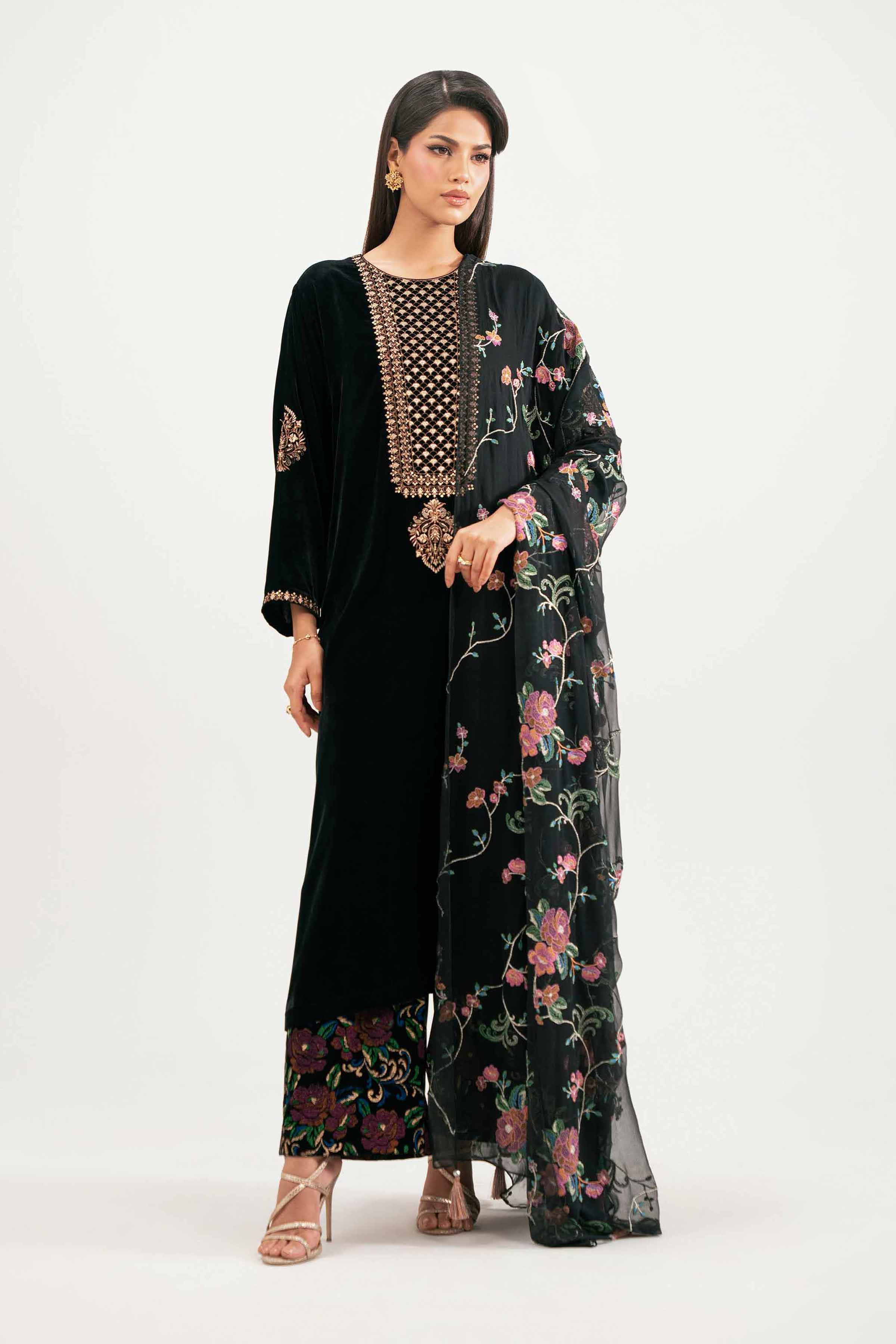 NISHATUAE - Black Embroidered Velvet 3-piece Ready to wear Suit