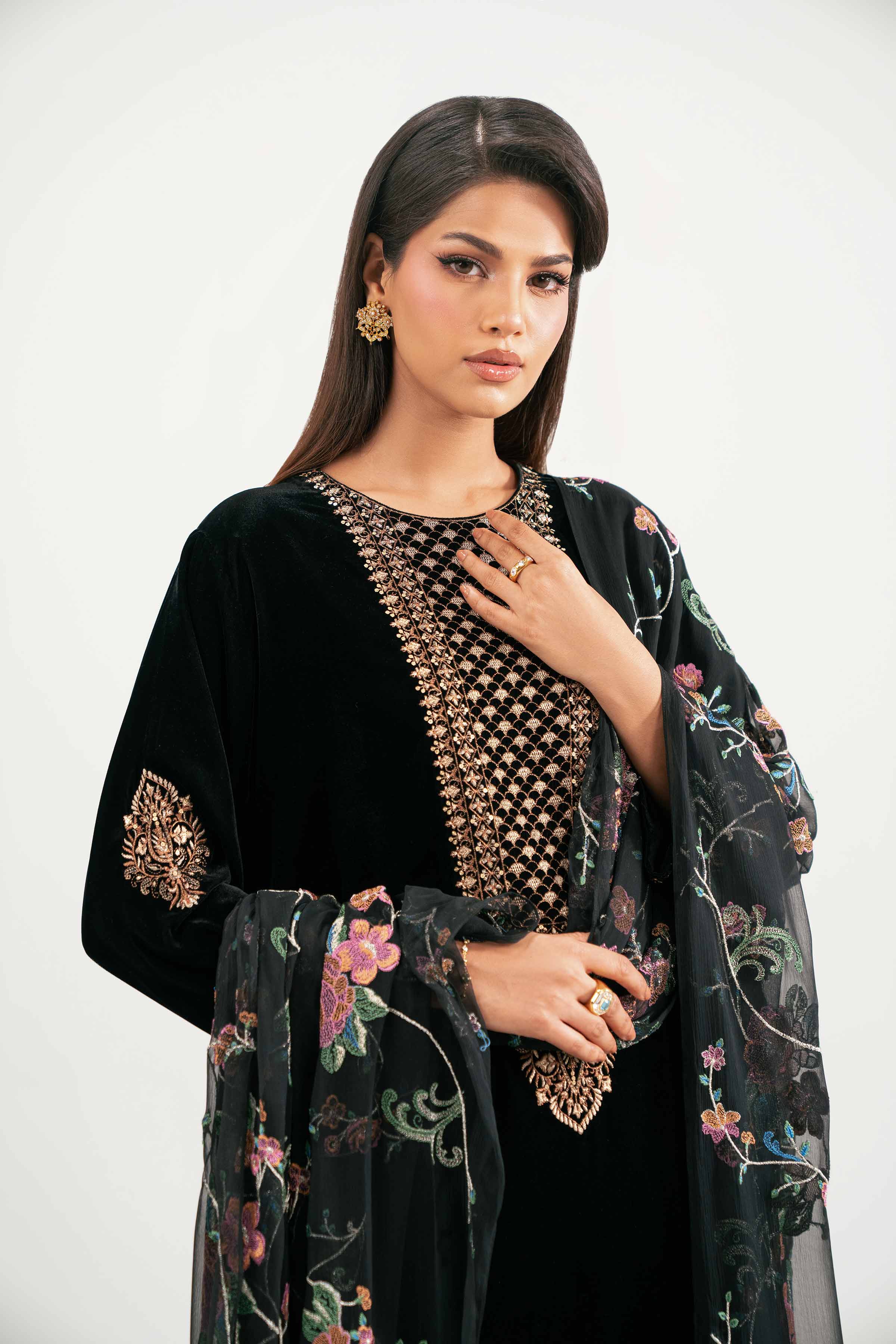 NISHATUAE - Black Embroidered Velvet 3-piece Ready to wear Suit