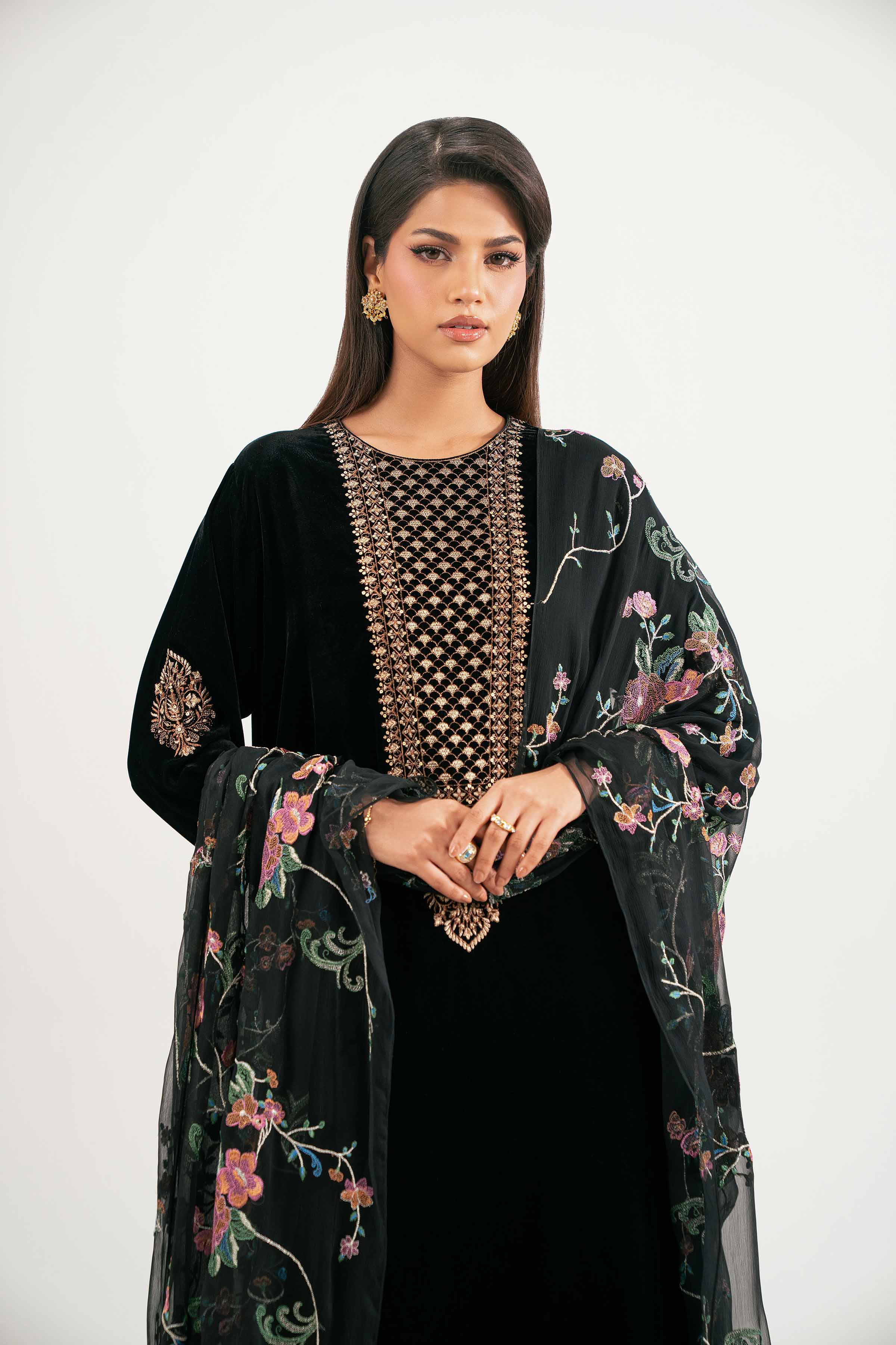 NISHATUAE - Black Embroidered Velvet 3-piece Ready to wear Suit