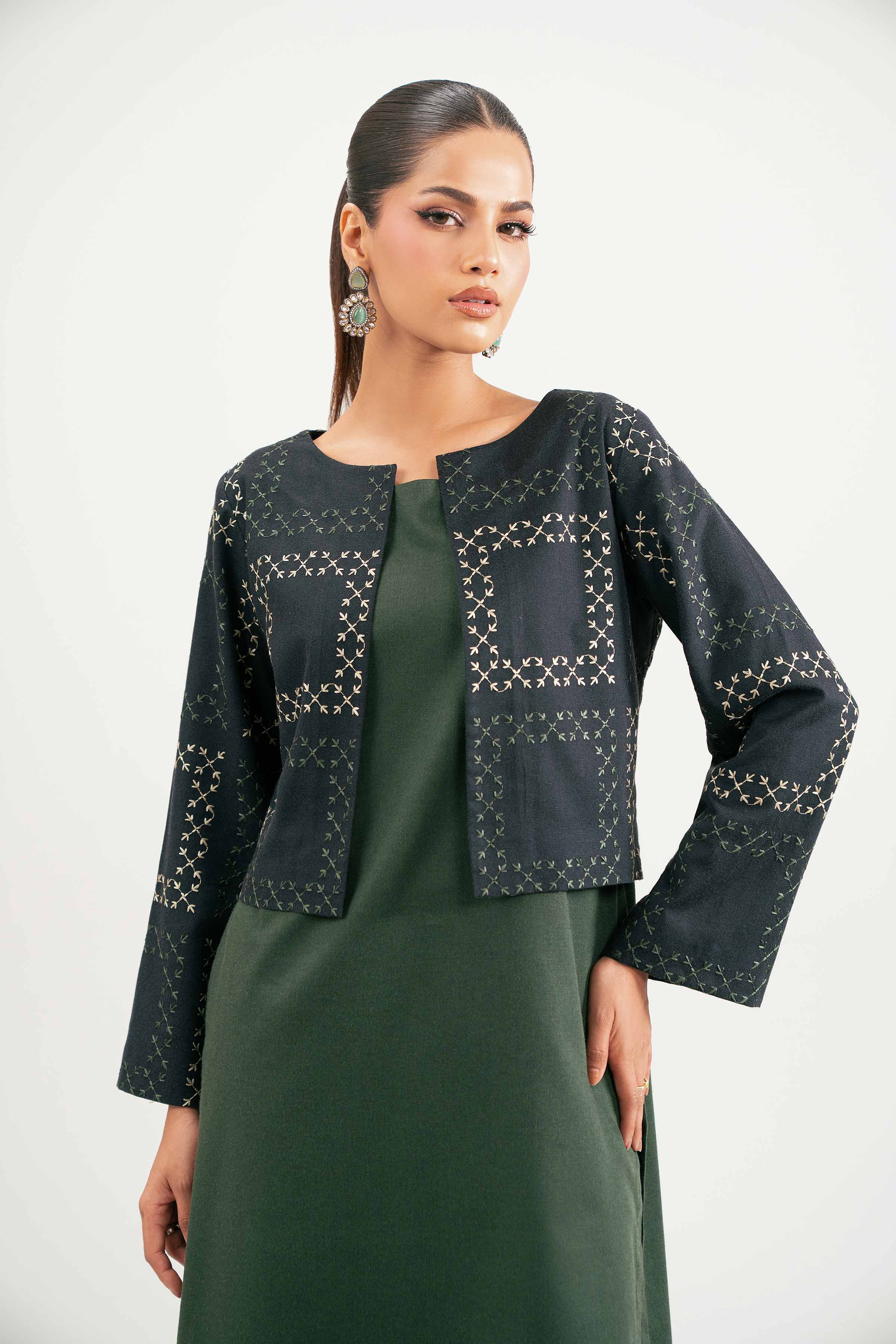 NISHATUAE - Green Embroidered Karandi 3-piece Ready to wear Suit