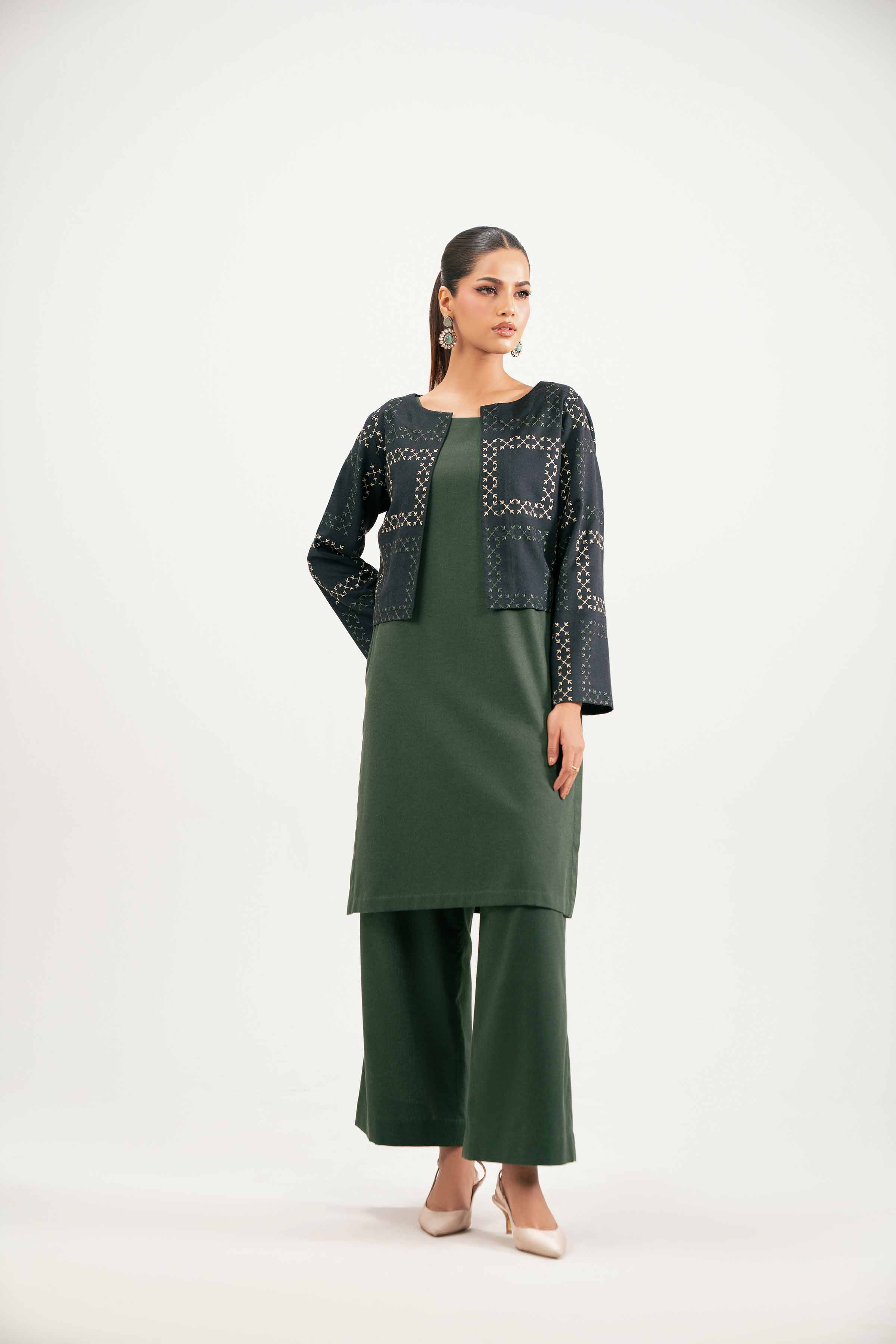 NISHATUAE - Green Embroidered Karandi 3-piece Ready to wear Suit