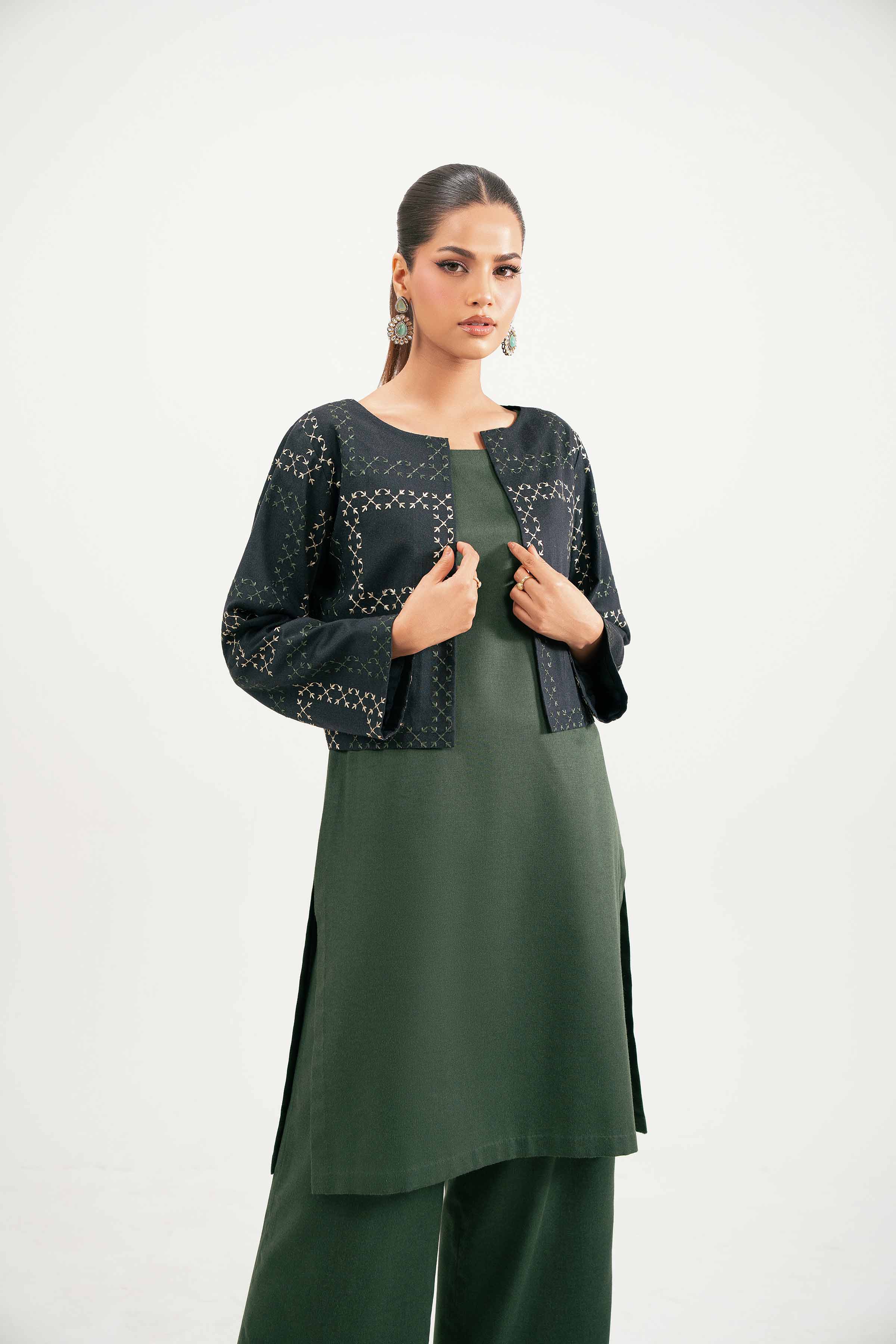 NISHATUAE - Green Embroidered Karandi 3-piece Ready to wear Suit