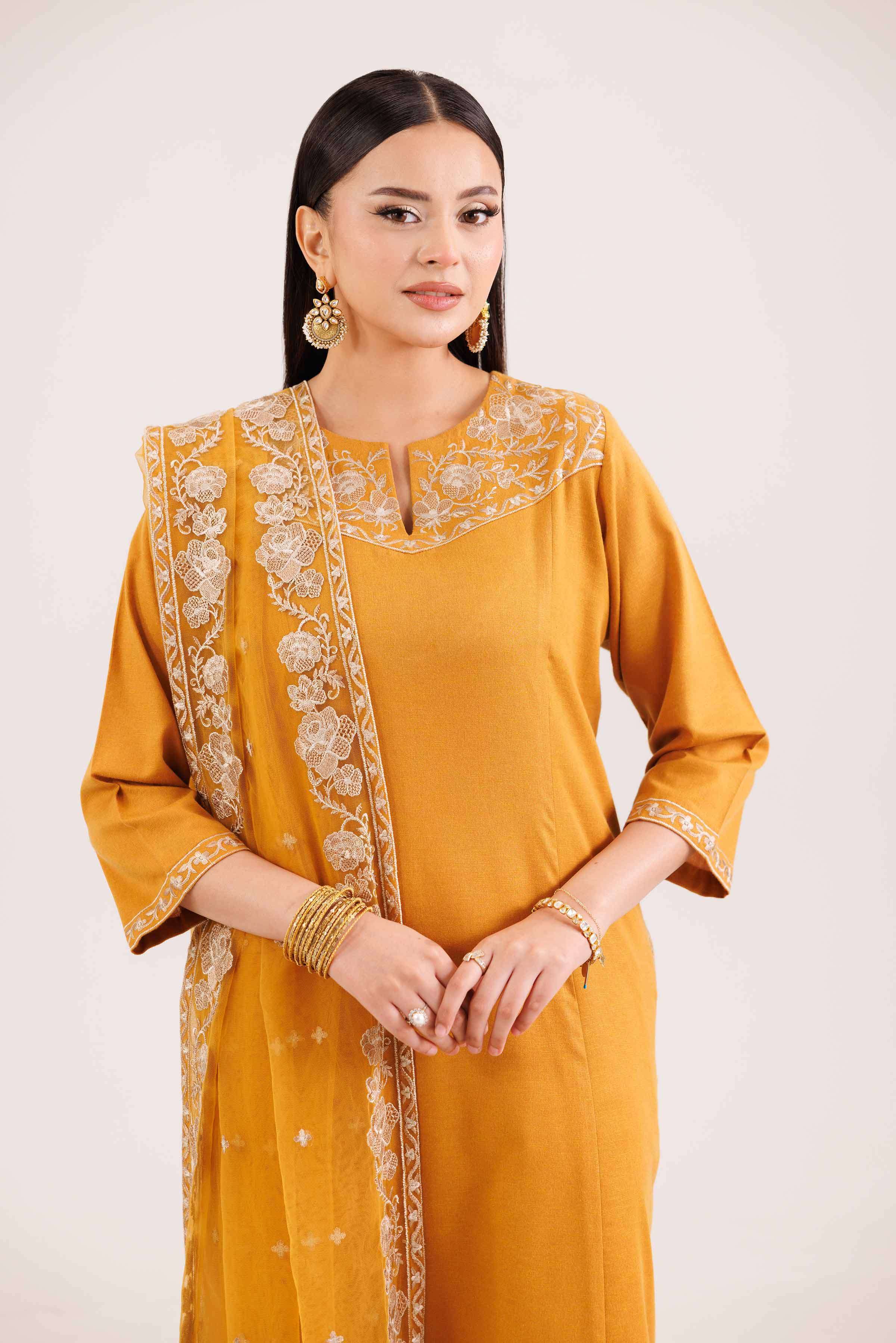 NishatUAE - Mustard Embroidered Karandi Suit Ready to wear Suit