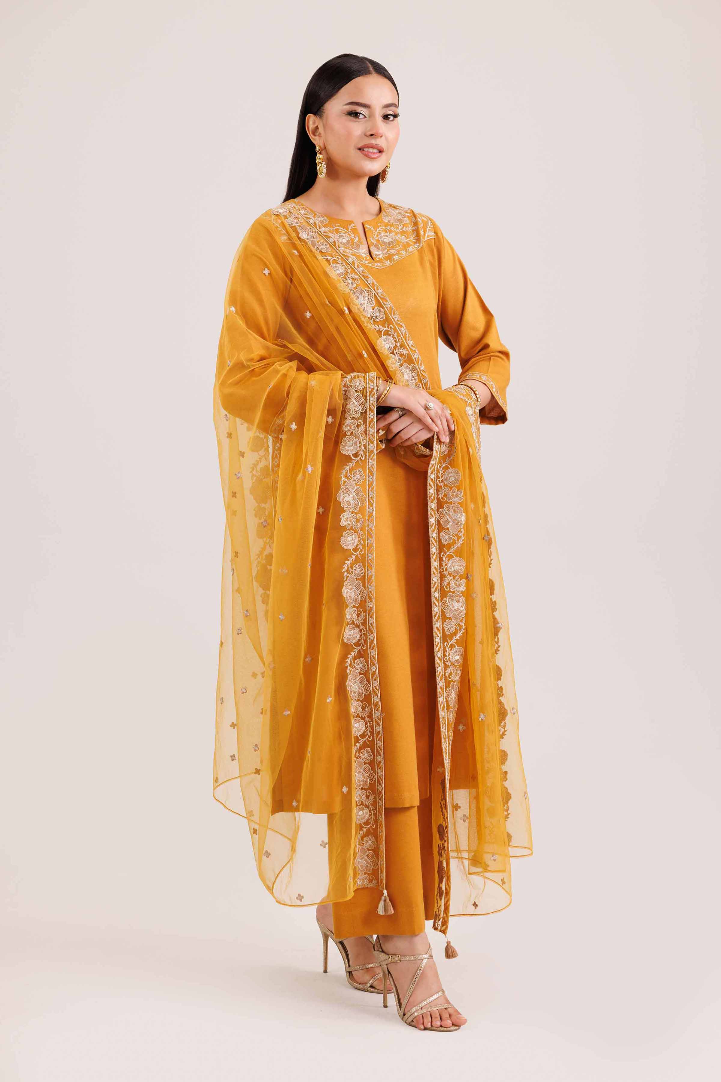 NishatUAE - Mustard Embroidered Karandi Suit Ready to wear Suit
