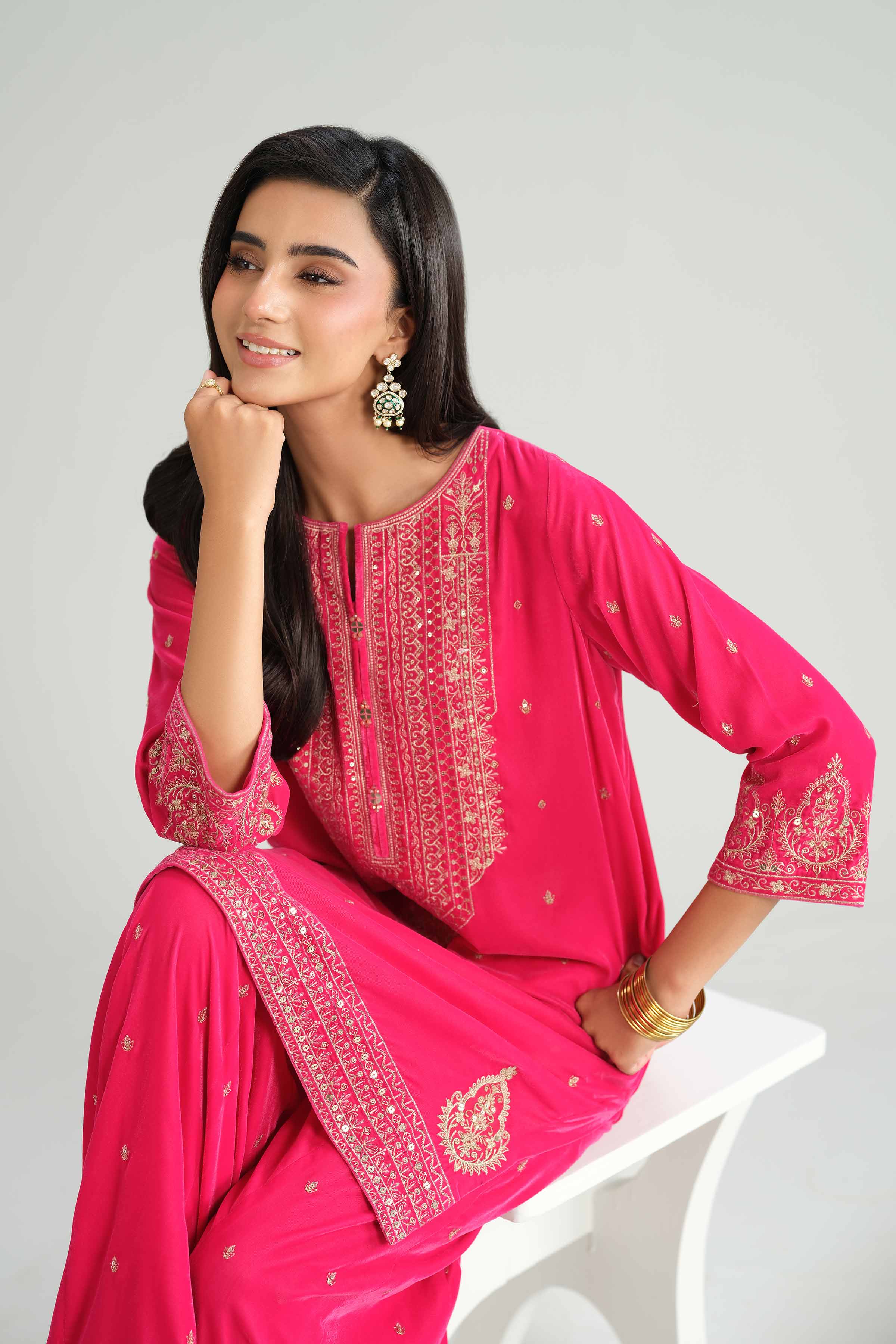 NISHATUAE - Pink Embroidered Velvet 2-piece Ready to wear Dress