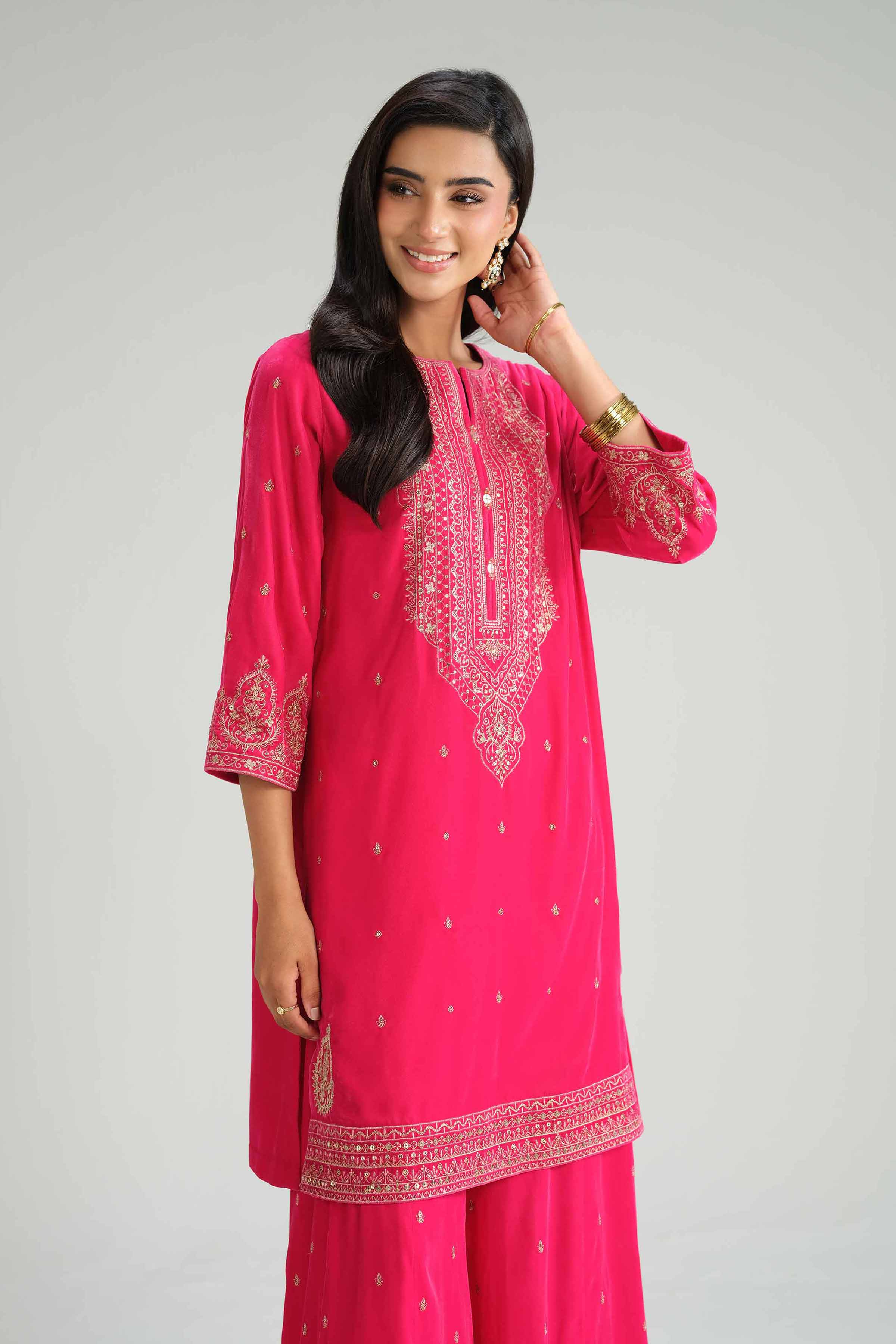 NISHATUAE - Pink Embroidered Velvet 2-piece Ready to wear Dress