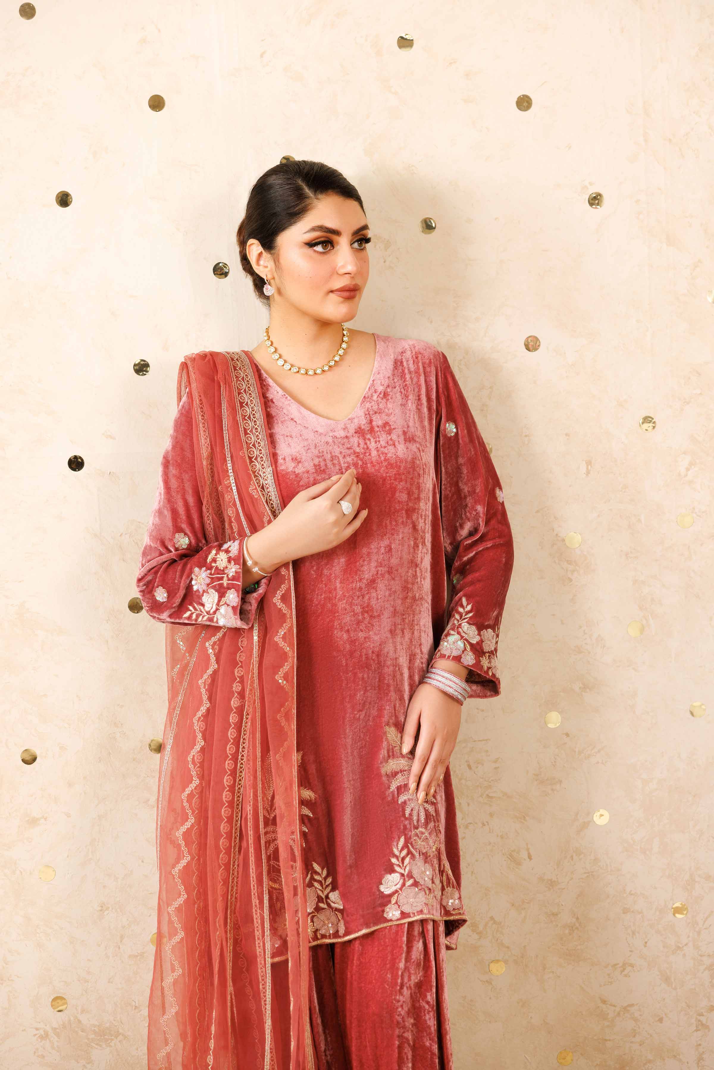 NISHATUAE - Pink Embroidered Velvet 3-piece Ready to wear Suit