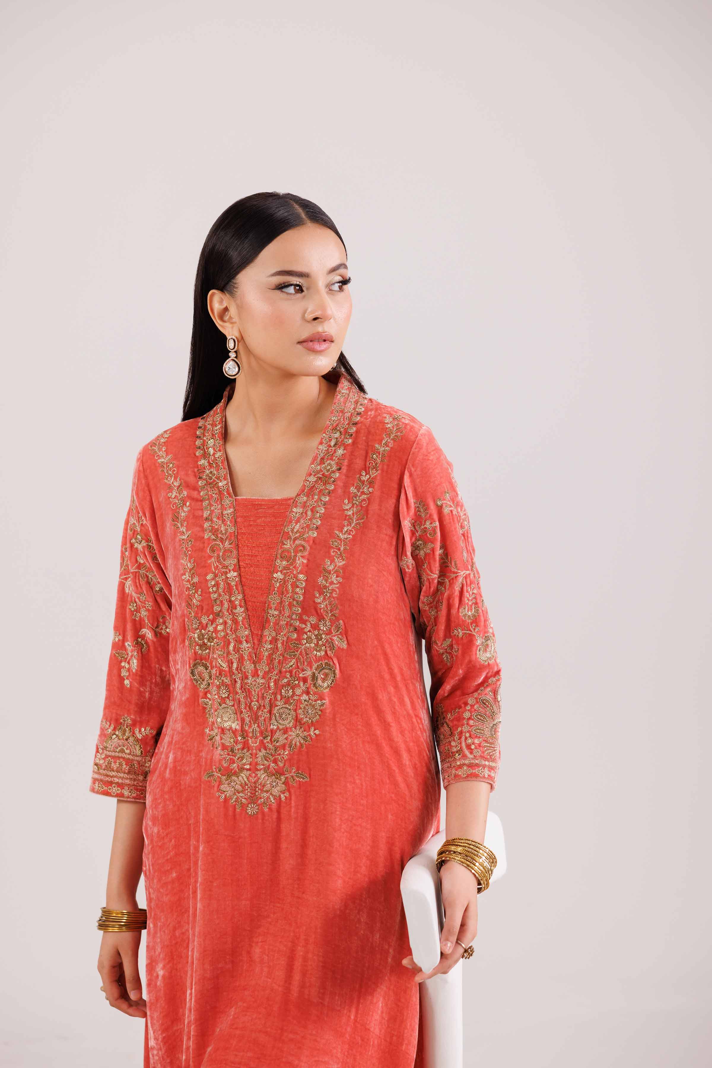 NISHATUAE - Coral Embroidered Velvet 2-piece Ready to wear Dress