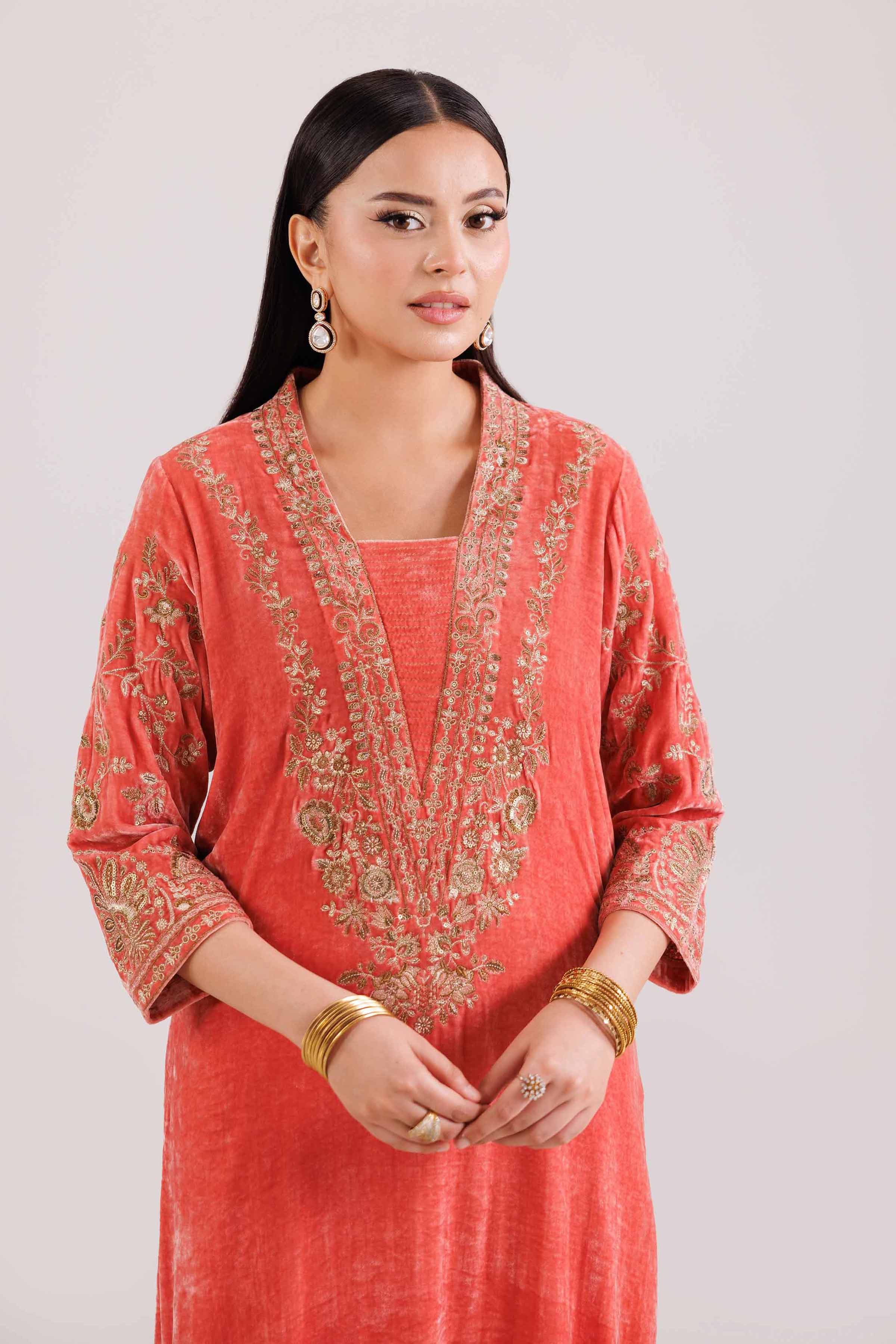 NISHATUAE - Coral Embroidered Velvet 2-piece Ready to wear Dress