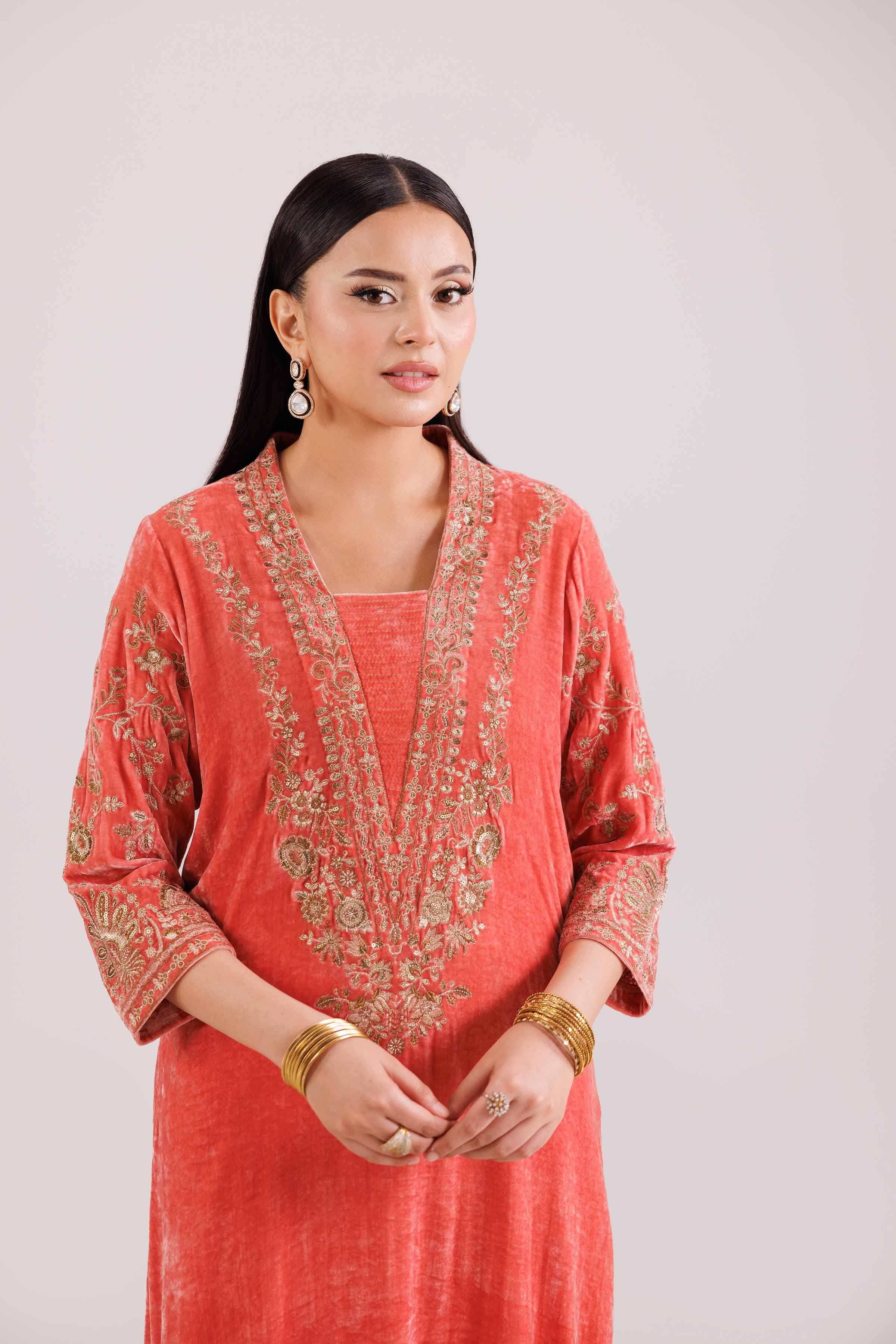 NISHATUAE - Coral Embroidered Velvet 2-piece Ready to wear Dress