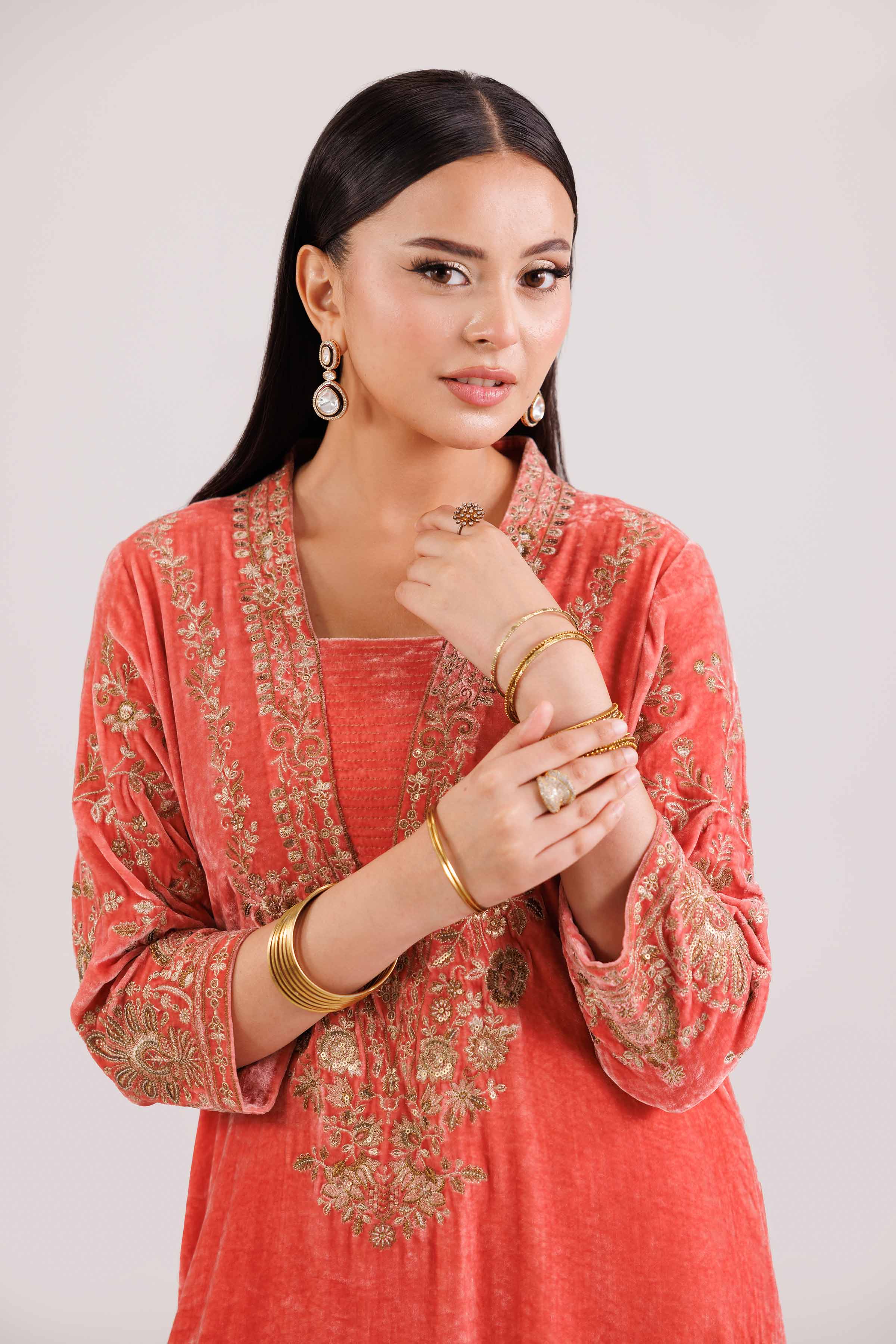 NISHATUAE - Coral Embroidered Velvet 2-piece Ready to wear Dress