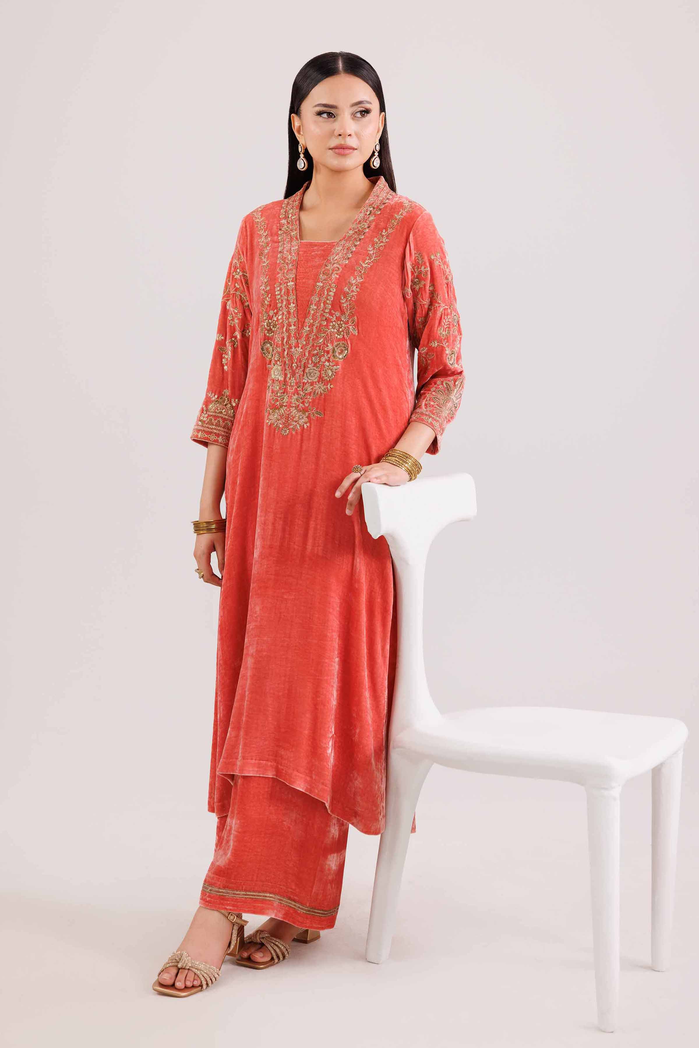 NISHATUAE - Coral Embroidered Velvet 2-piece Ready to wear Dress