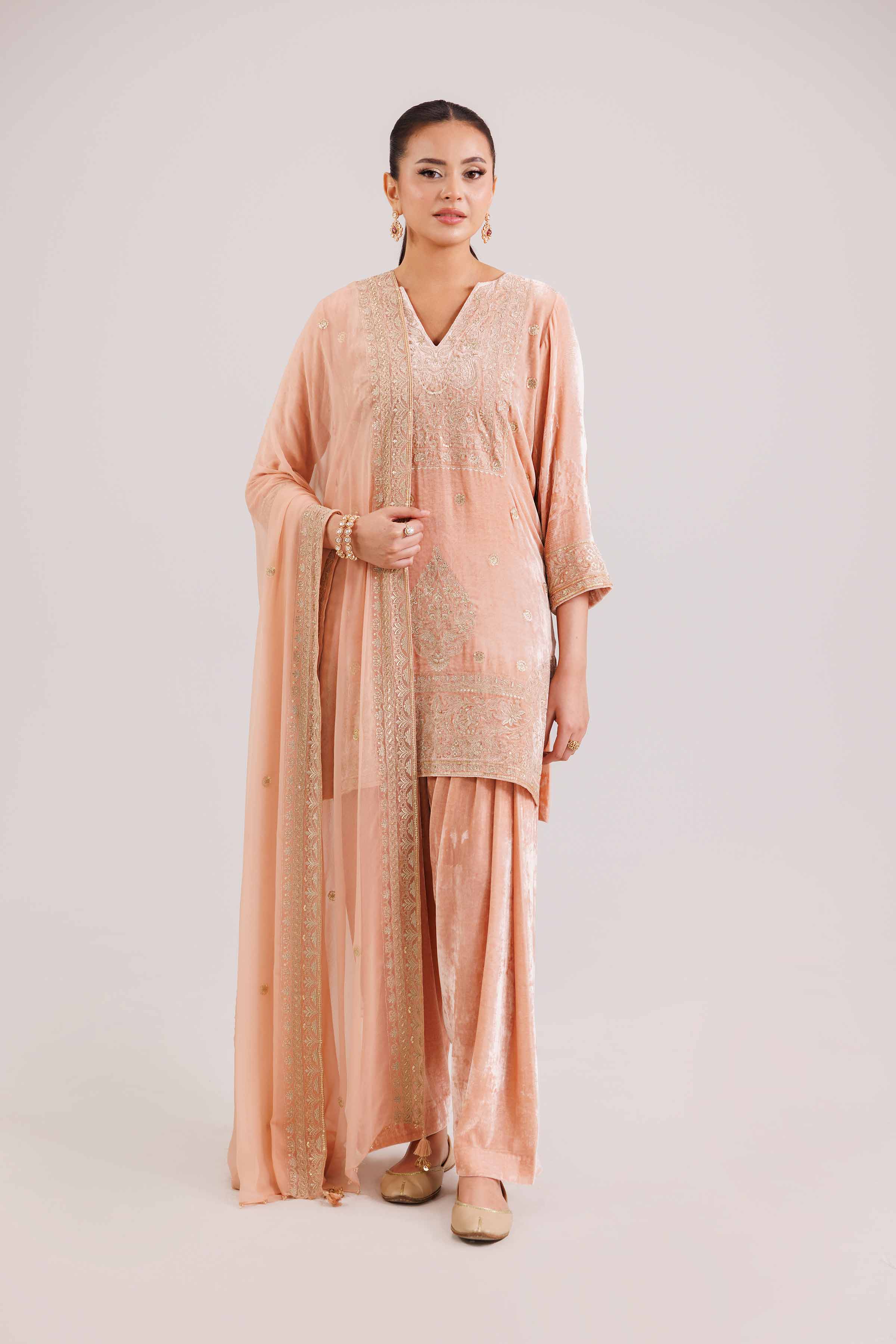 NISHATUAE - Orange Embroidered Velvet 3-piece Ready to wear Suit