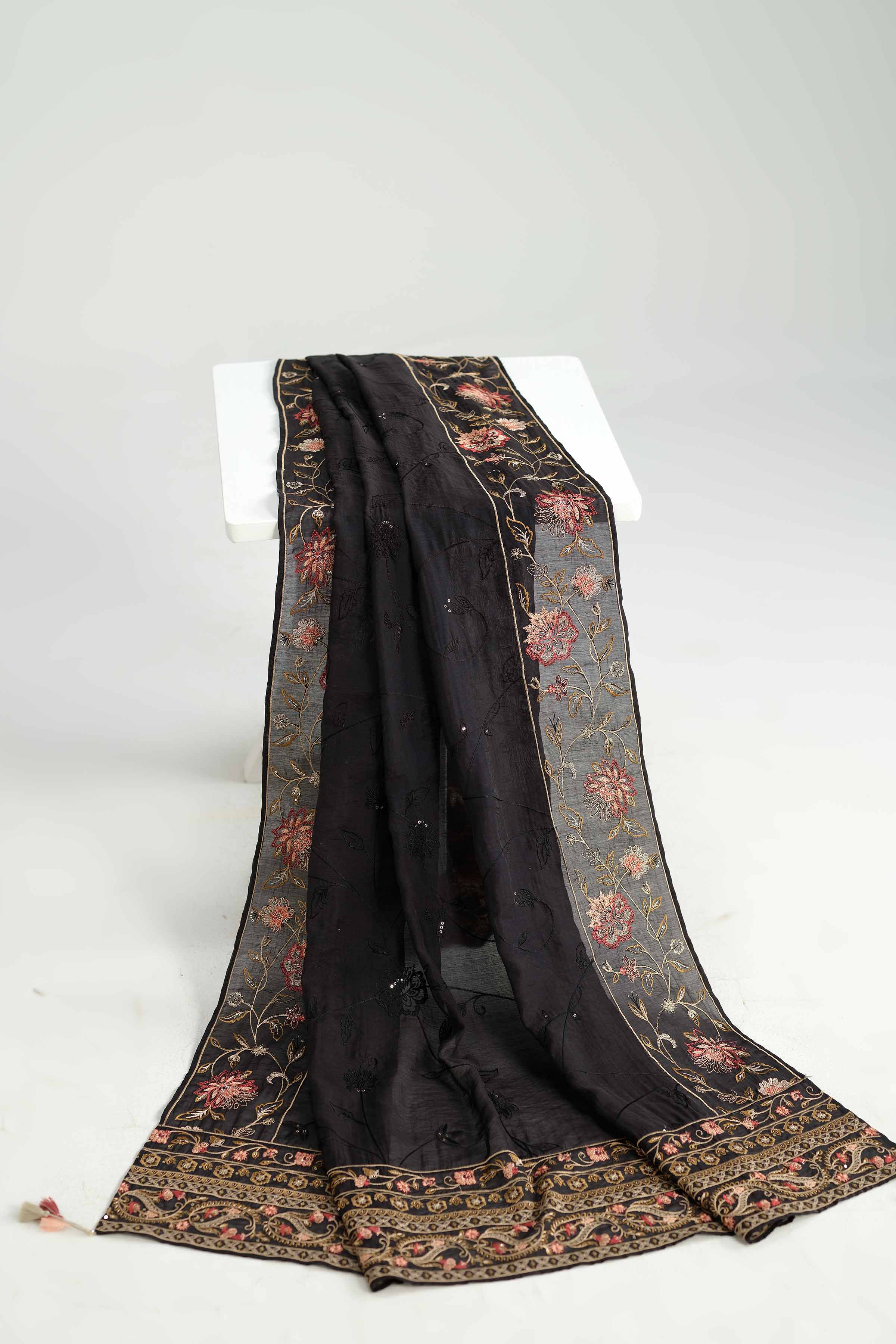 NISHATUAE - Black Embroidered Cotton dupatta