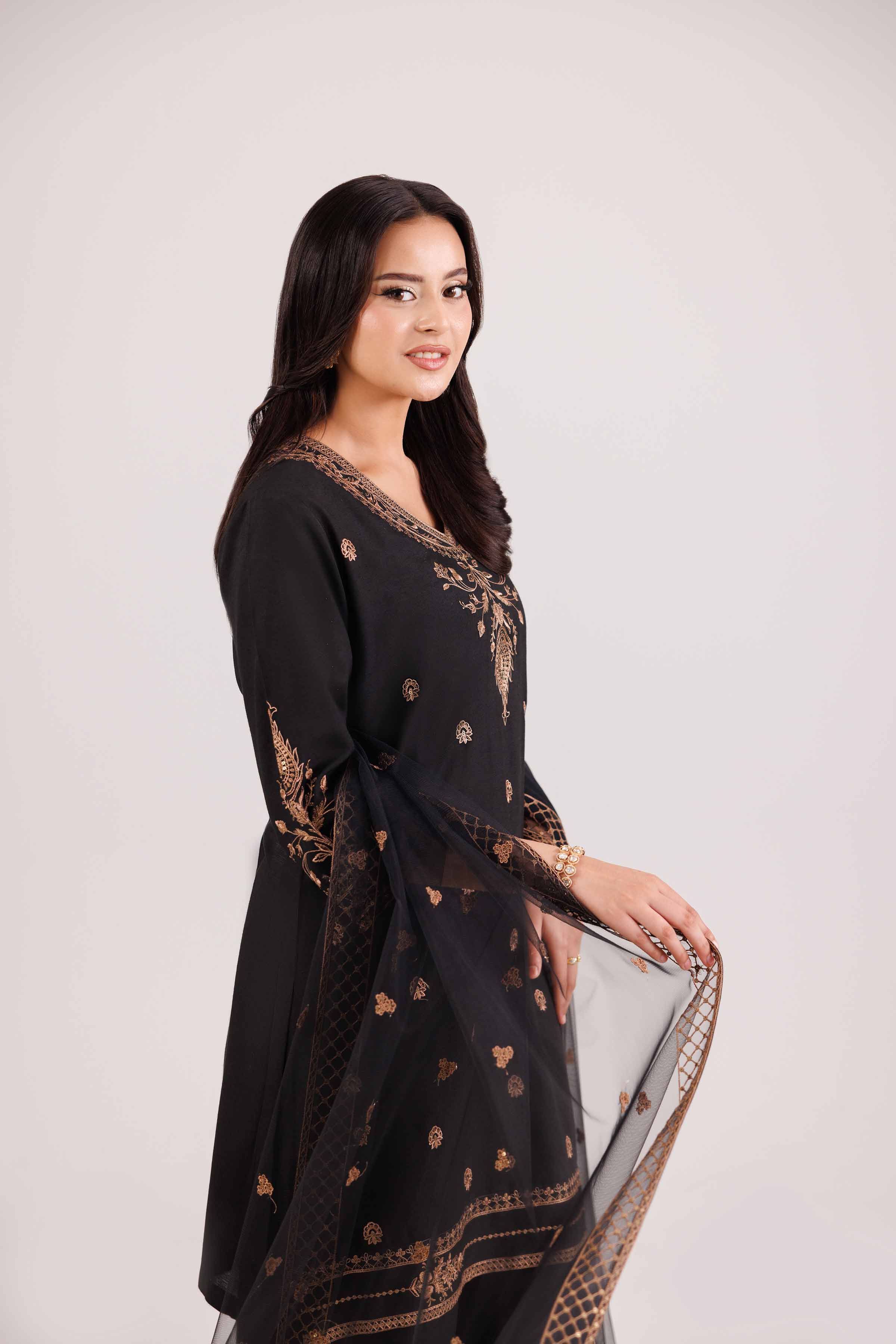 NISHATUAE - Black Embroidered Silk 3-piece Ready to wear Suit