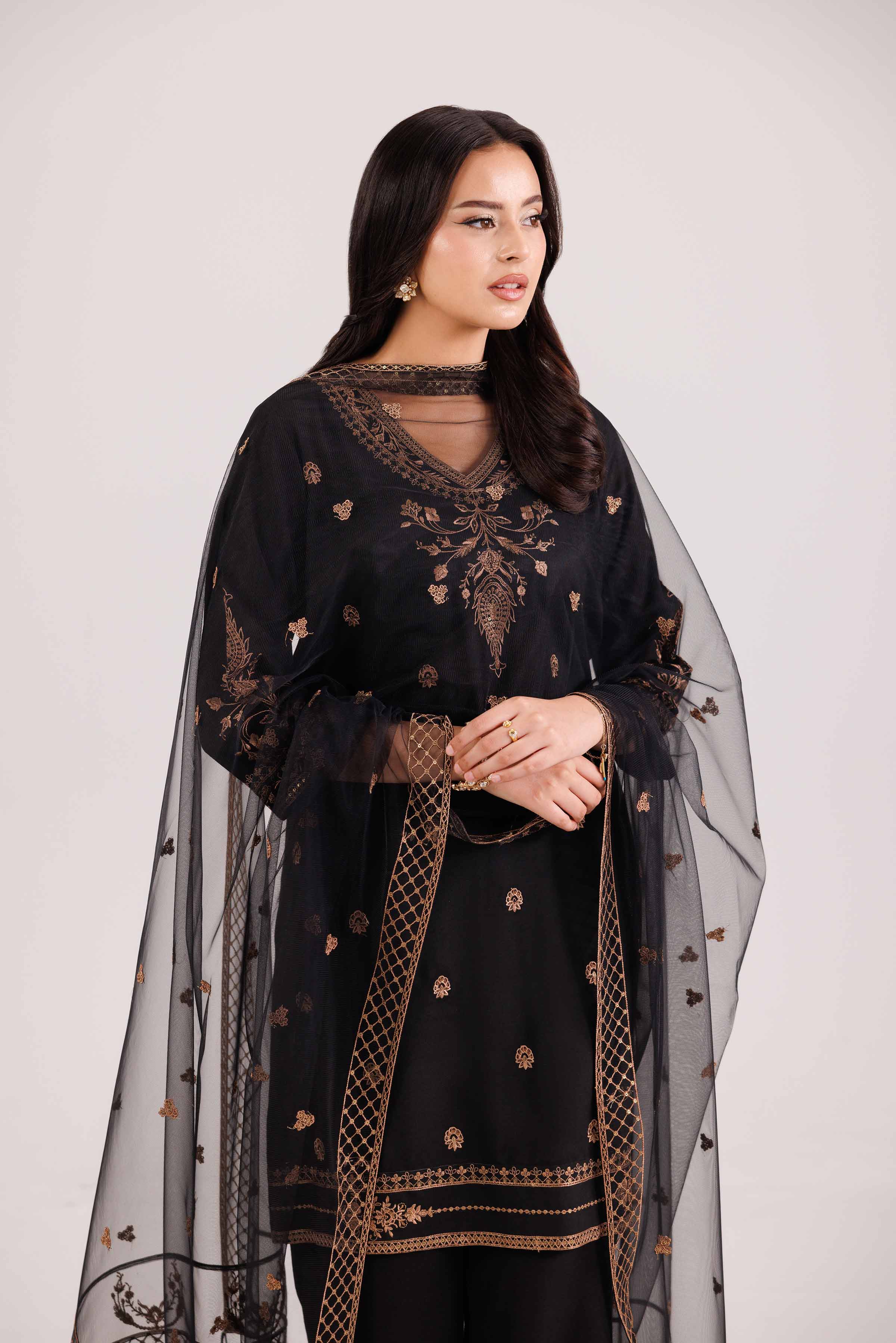 NISHATUAE - Black Embroidered Silk 3-piece Ready to wear Suit