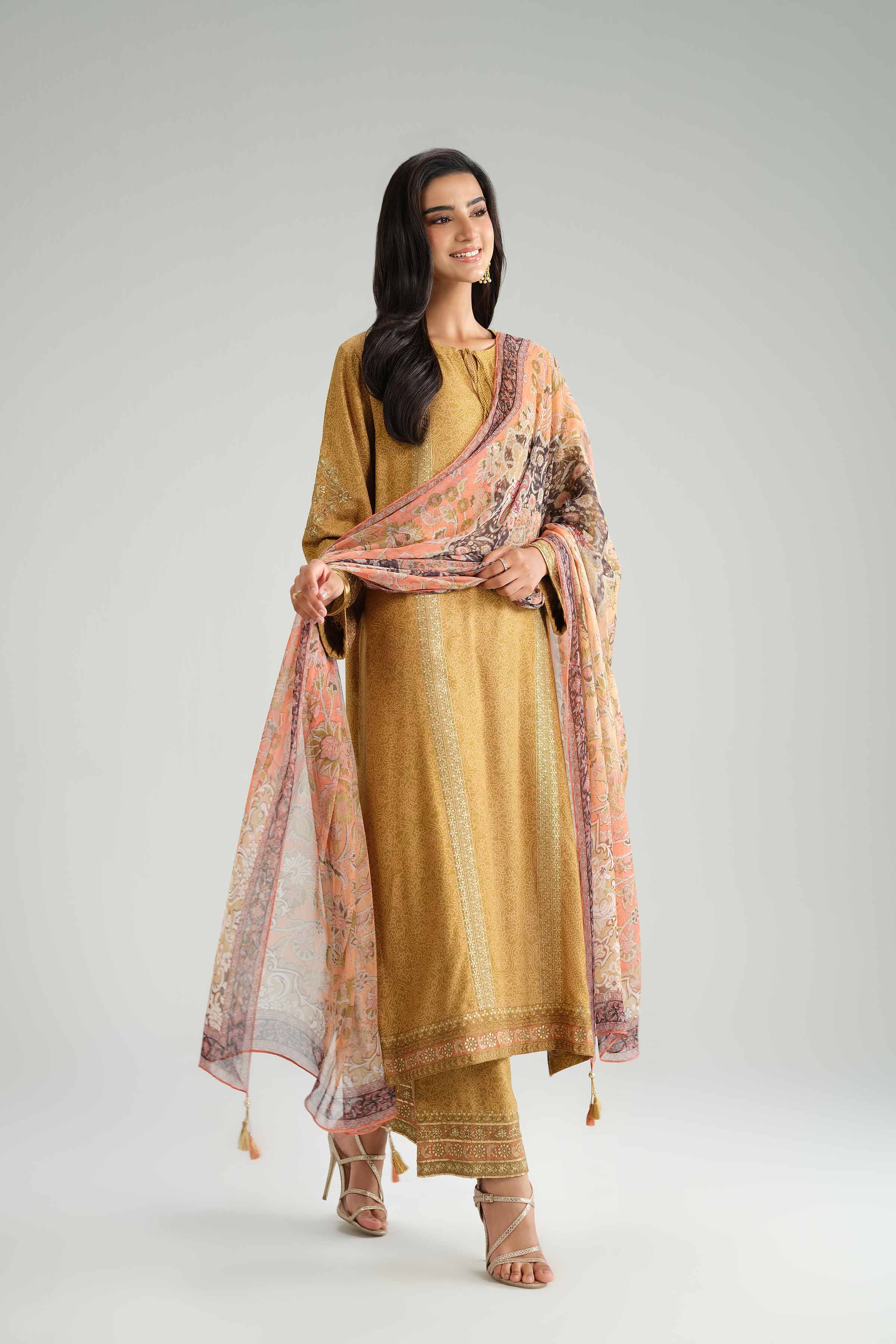 NishatUAE - Green Embroidered Silk 3-piece Ready To Wear Suit