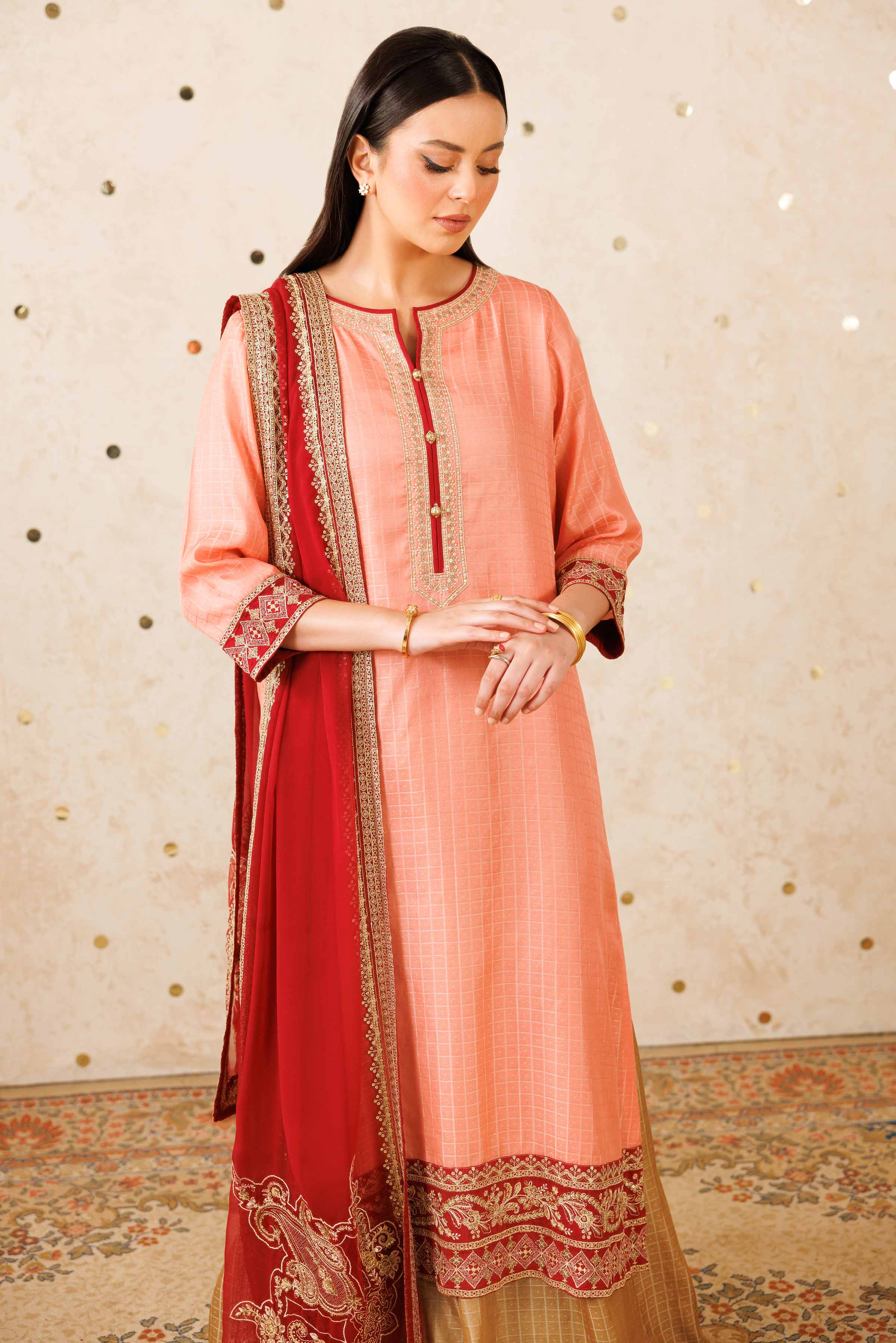 NISHATUAE - Peach Embroidered Polyester 3-piece Ready to wear Suit