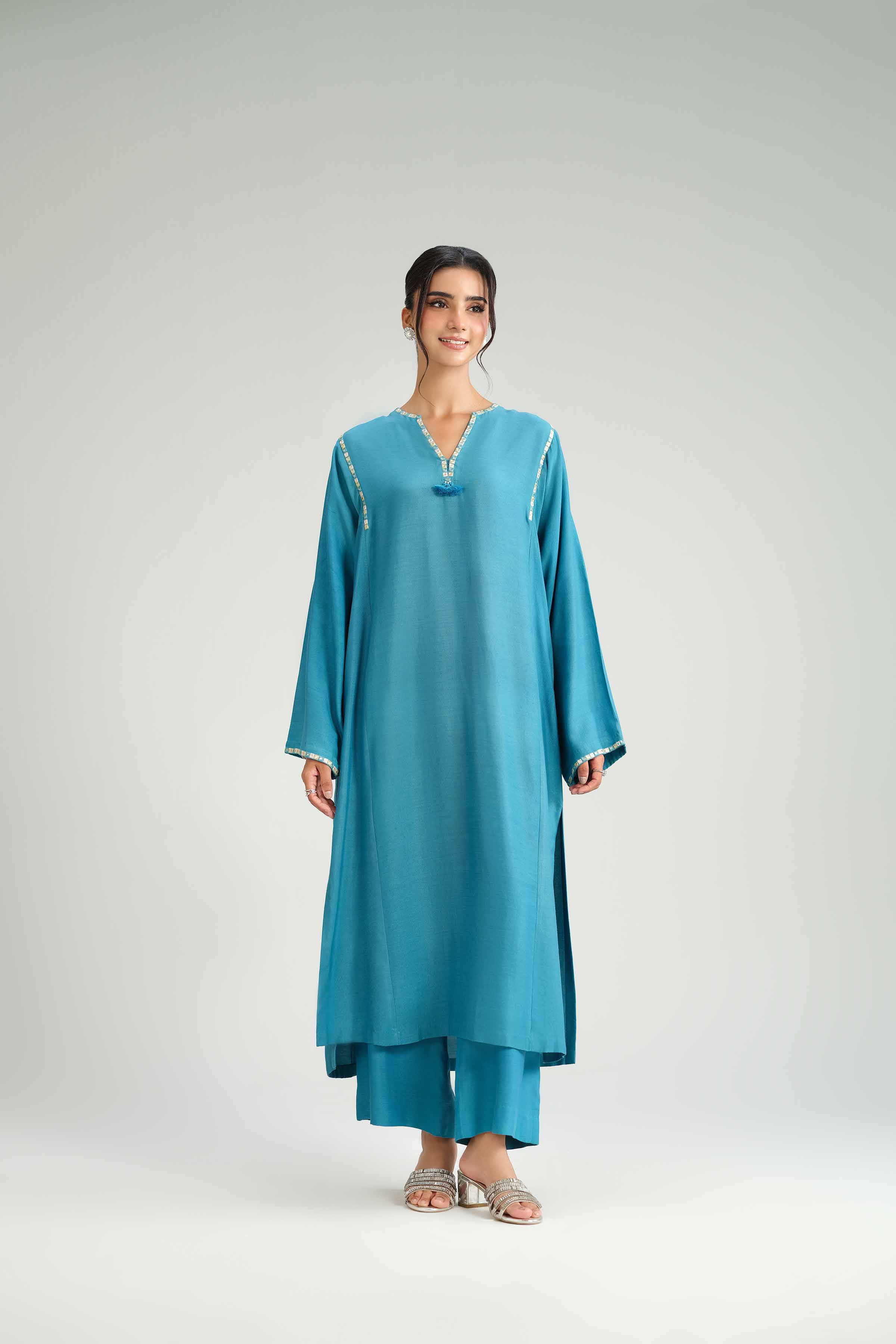 NISHATUAE - Blue Solids Silk 2-piece Ready to wear Dress
