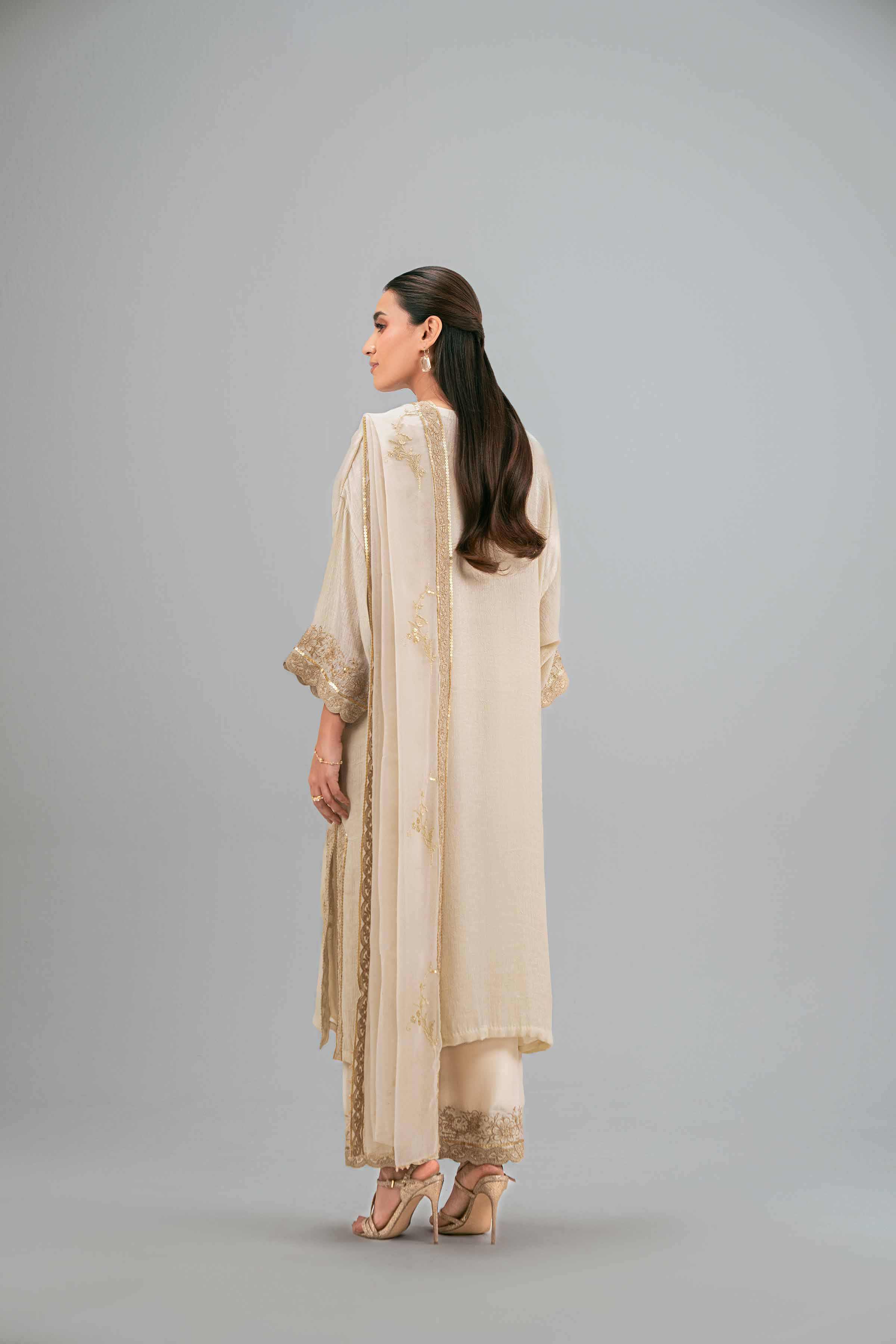 NISHATUAE - Beige Embroidered Chiffon 3-piece Ready to wear Suit
