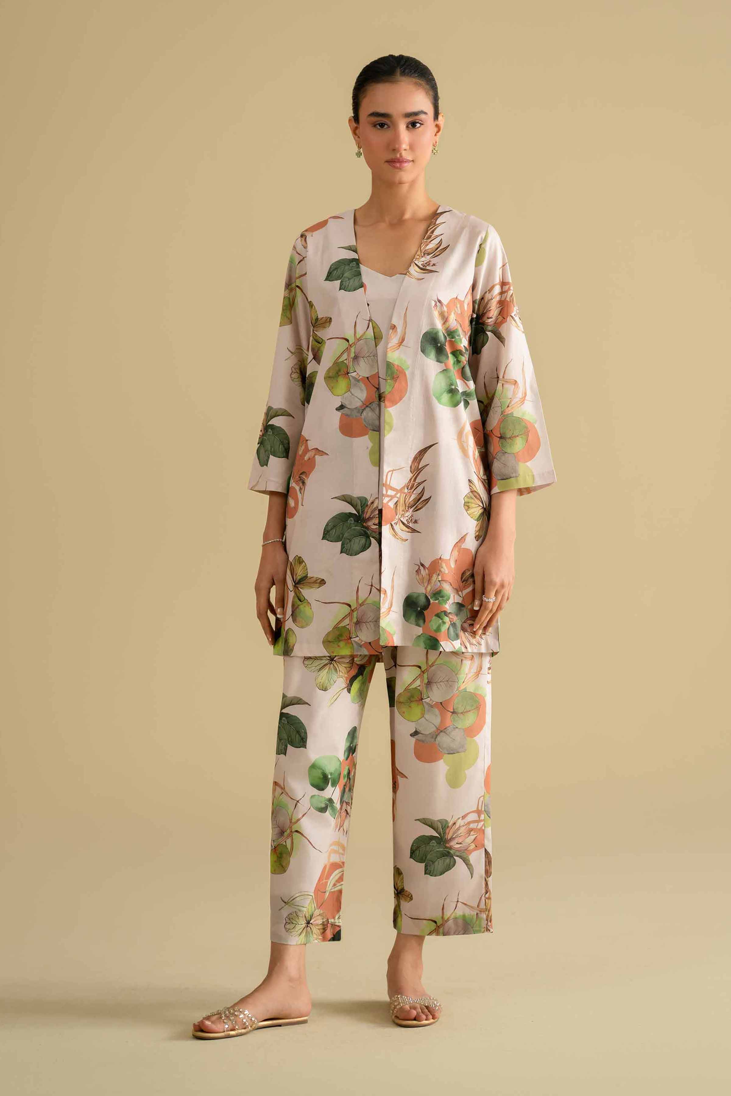 3 Piece - Printed Loungewear - KLS26-03 Off White Cambric 3PC Printed LUXURY