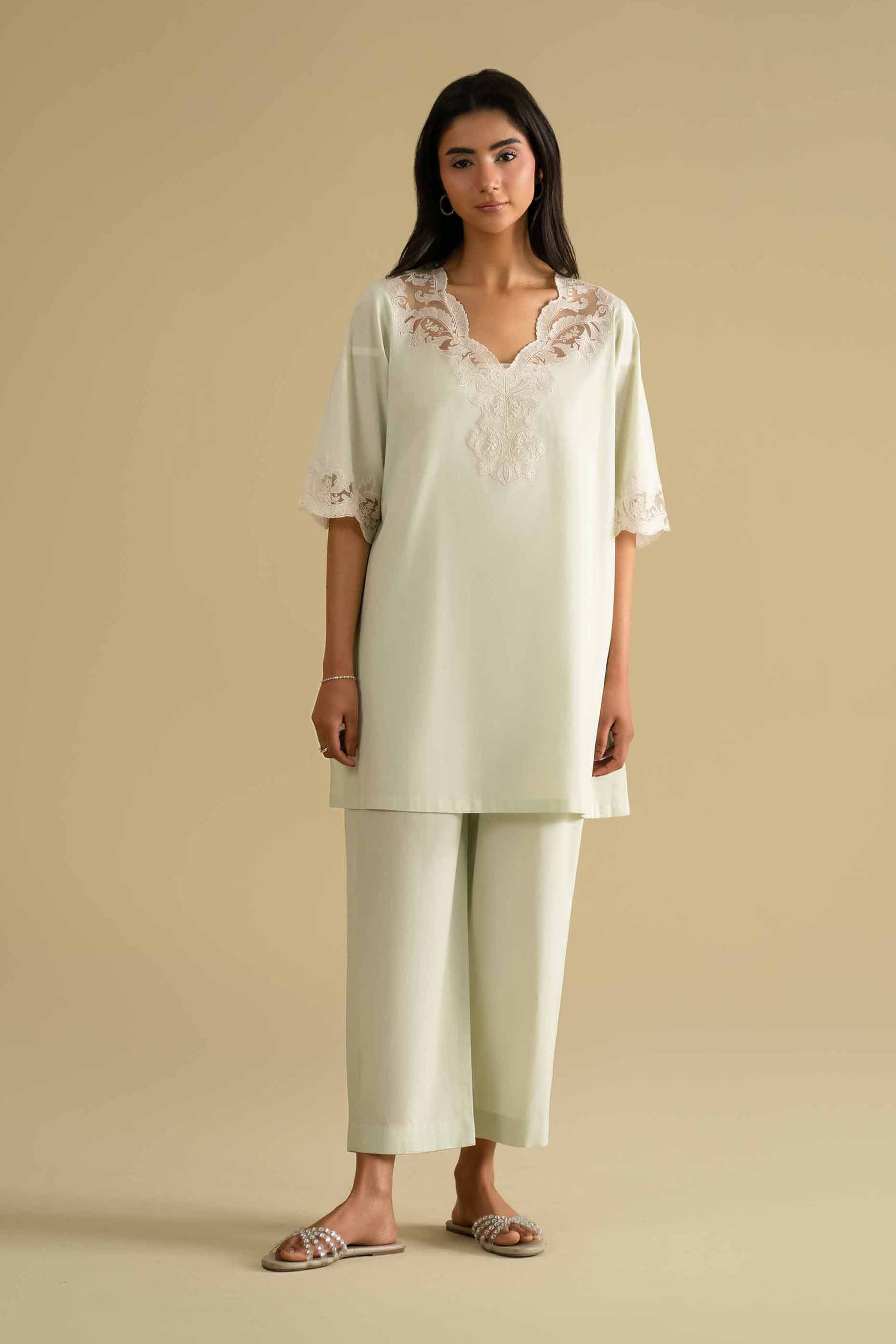 2 Piece - Embroidered Loungewear - KLS26-04 Green Cambric 2PC Embroidered LUXURY