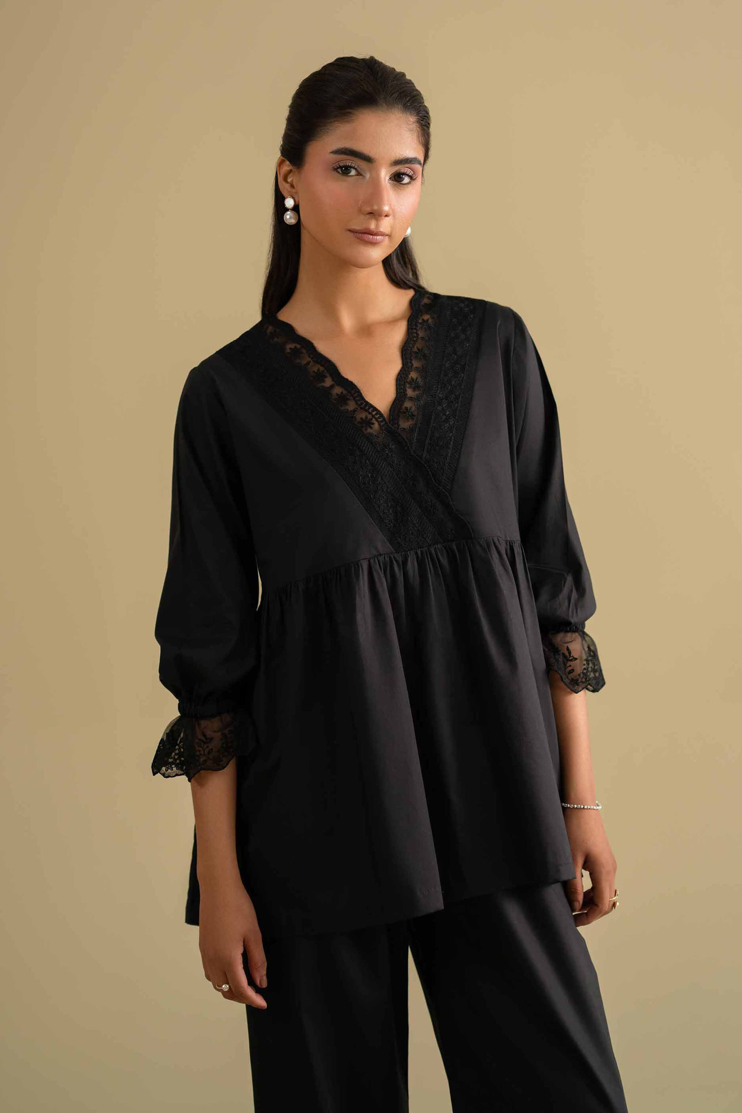 2 Piece - Embroidered Loungewear - KLS26-05 Black Cambric 2PC Embroidered LUXURY