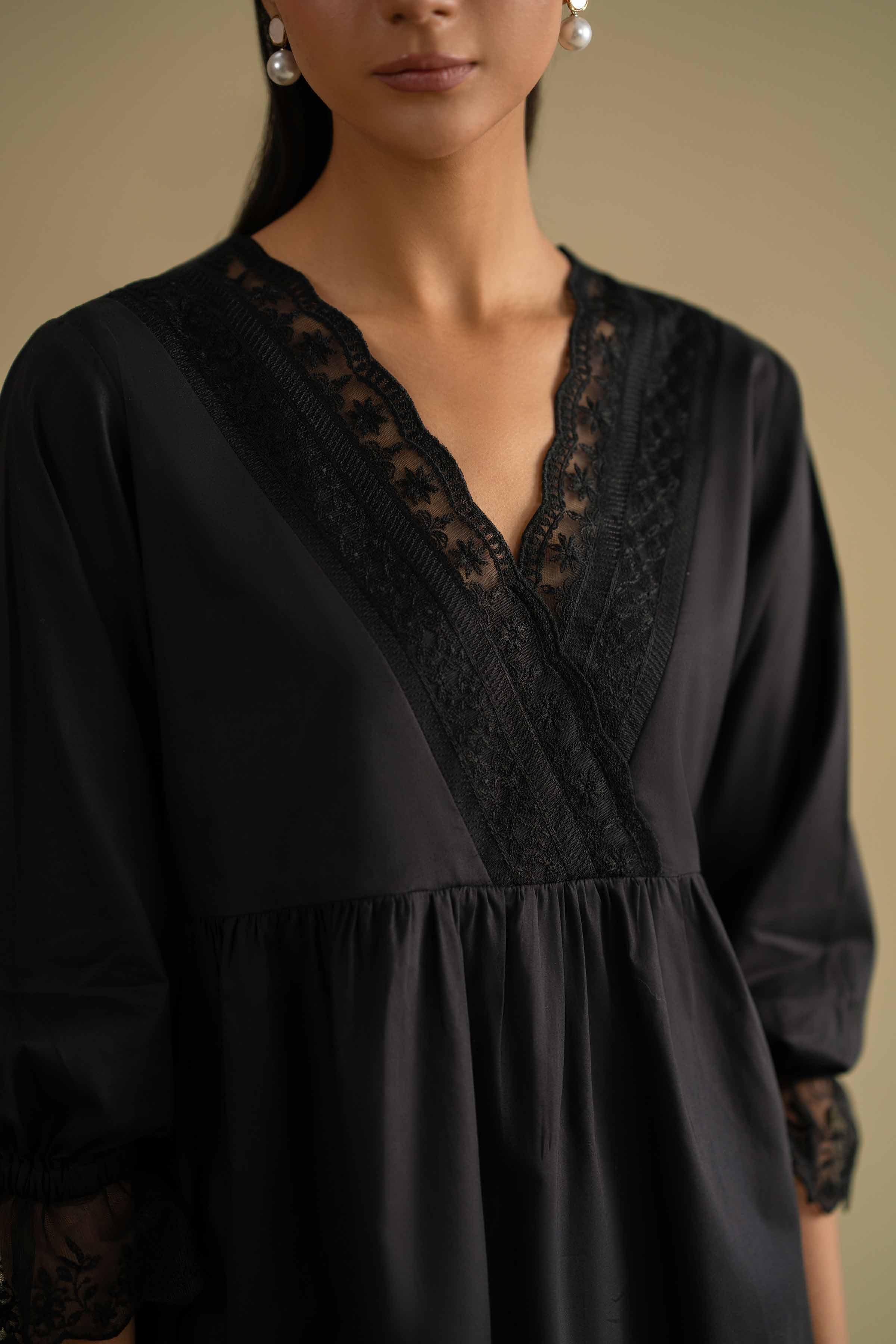 2 Piece - Embroidered Loungewear - KLS26-05 Black Cambric 2PC Embroidered LUXURY