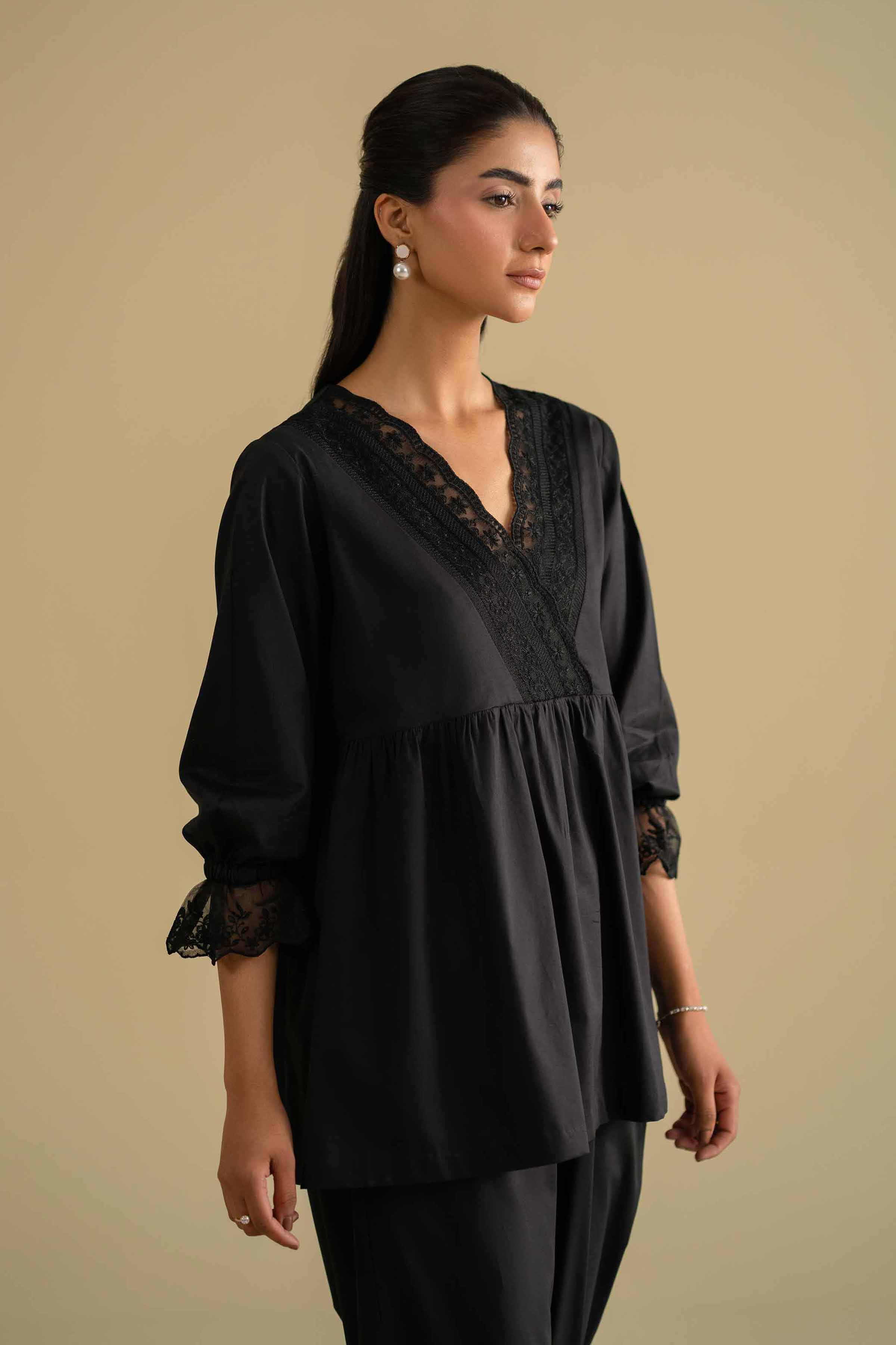 2 Piece - Embroidered Loungewear - KLS26-05 Black Cambric 2PC Embroidered LUXURY