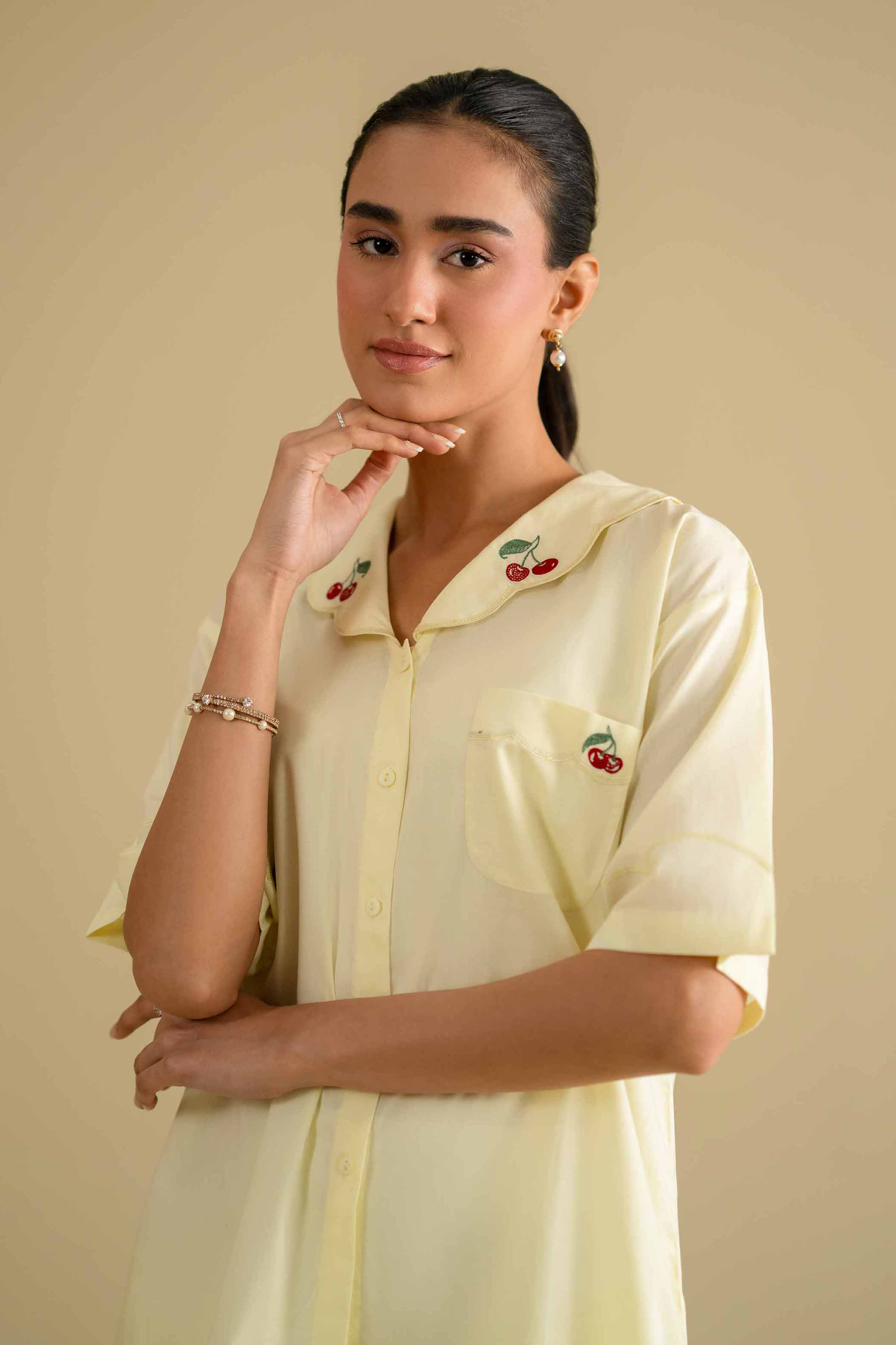 2 Piece - Embroidered Loungewear - KLS26-06 Yellow Cambric 2PC Embroidered LUXURY