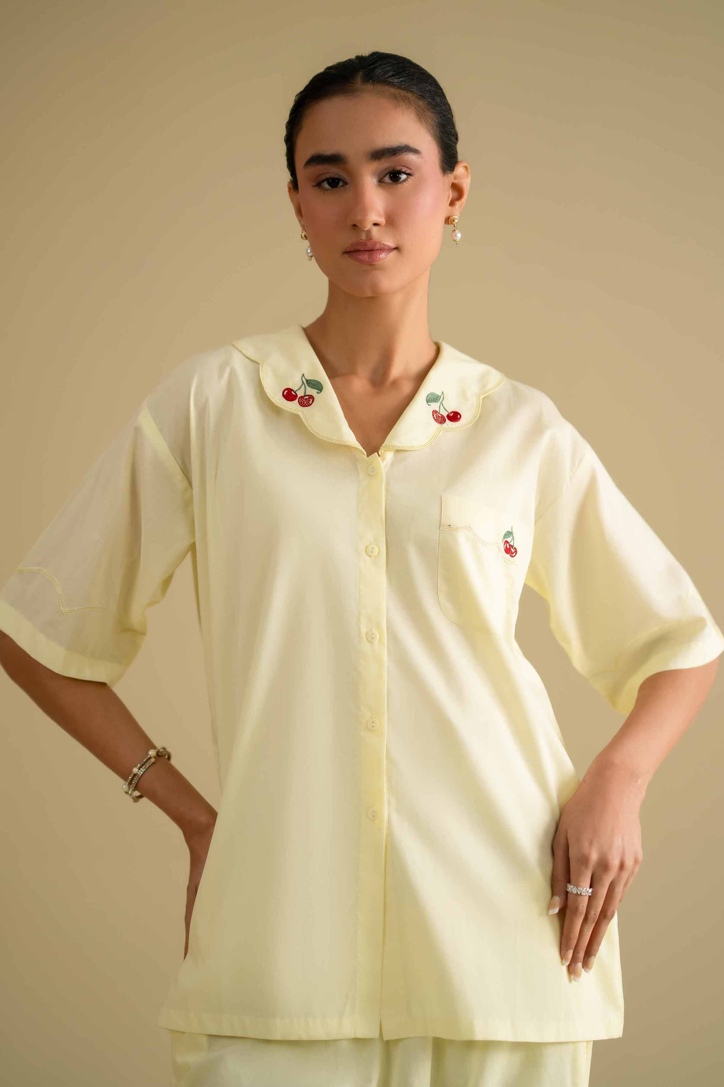 2 Piece - Embroidered Loungewear - KLS26-06 Yellow Cambric 2PC Embroidered LUXURY