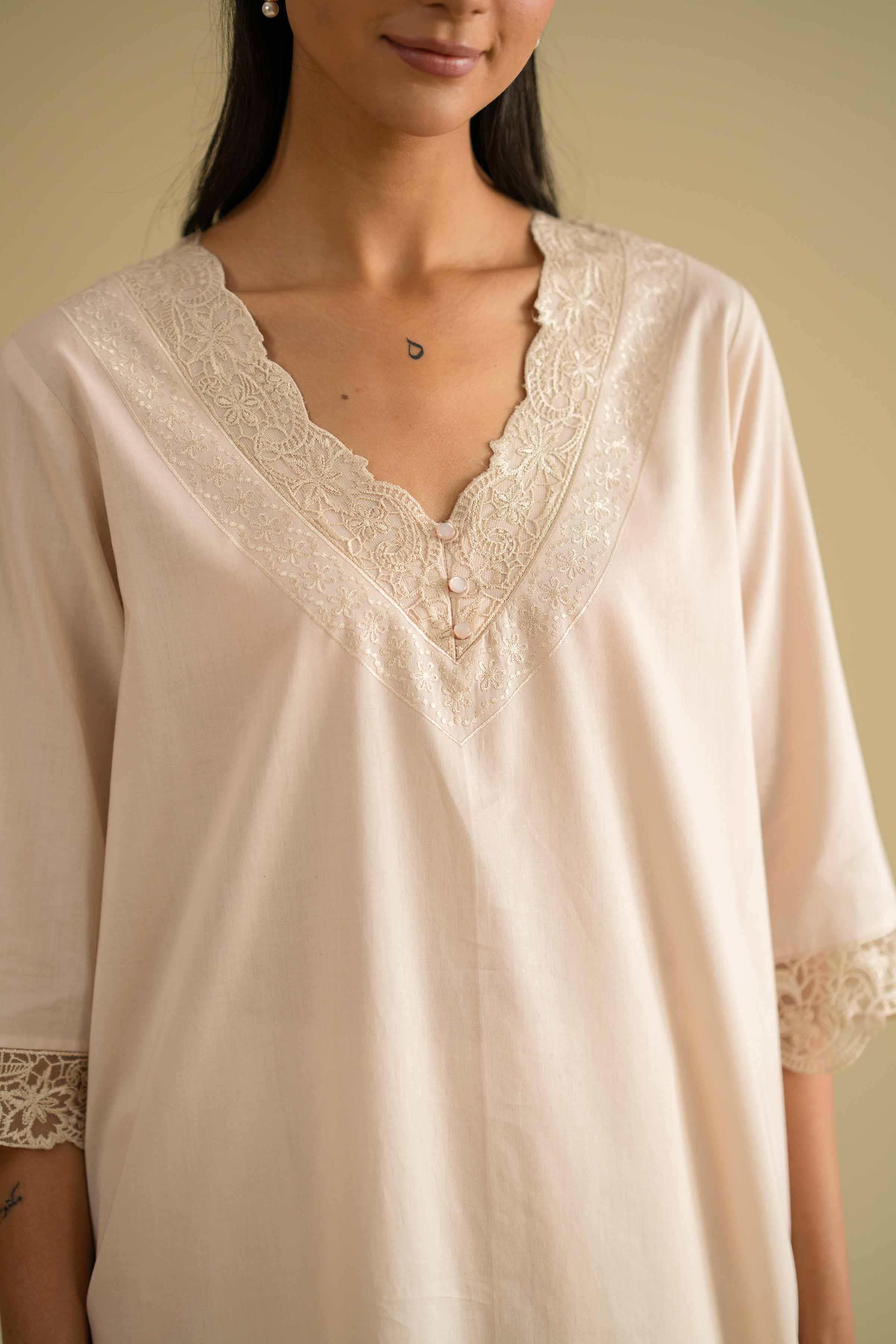 2 Piece - Embroidered Loungewear - KLS26-07 Beige Cambric 2PC Embroidered LUXURY