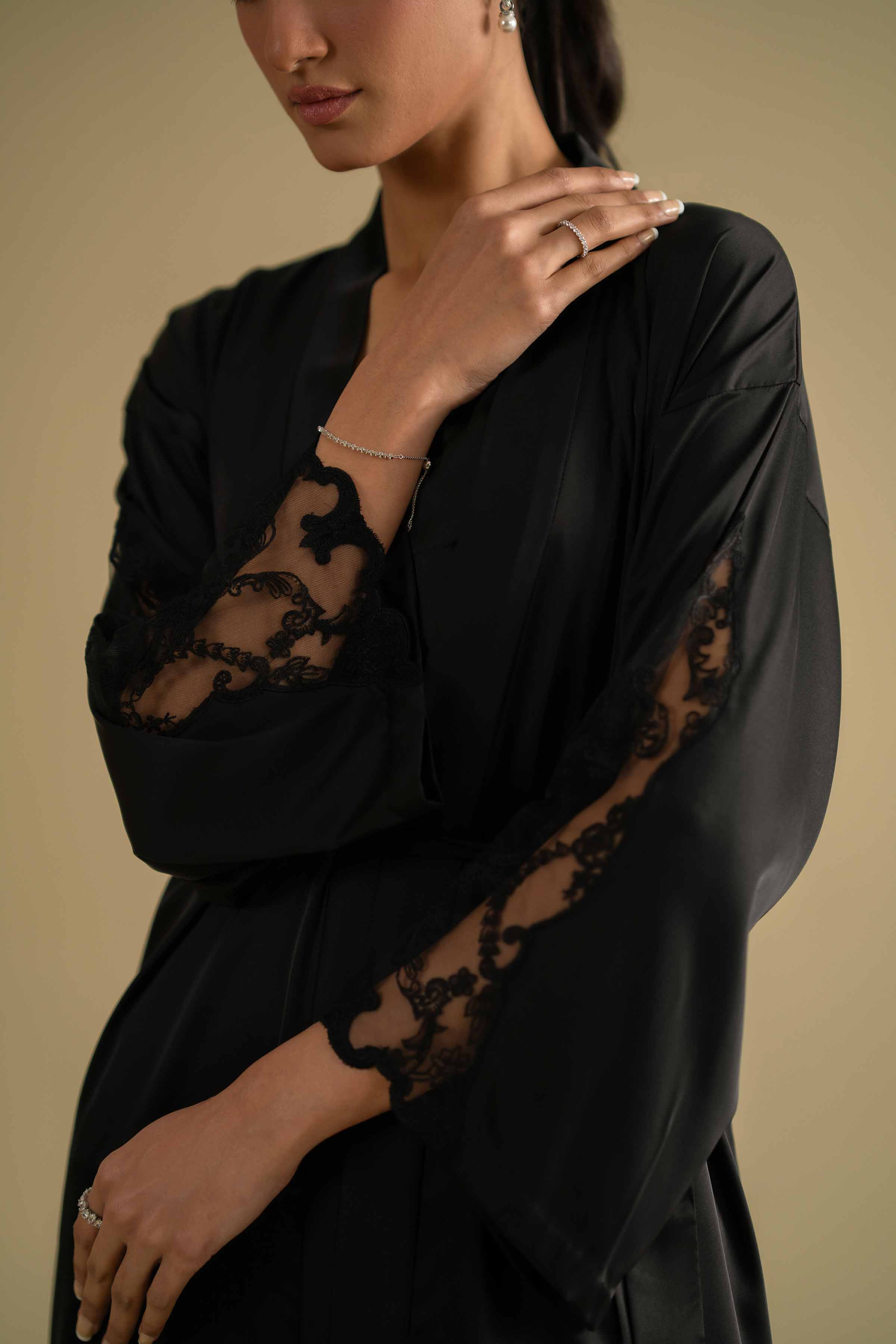 3 Piece - Embroidered Loungewear - KLS26-10 Black Silk 3PC Embroidered LUXURY