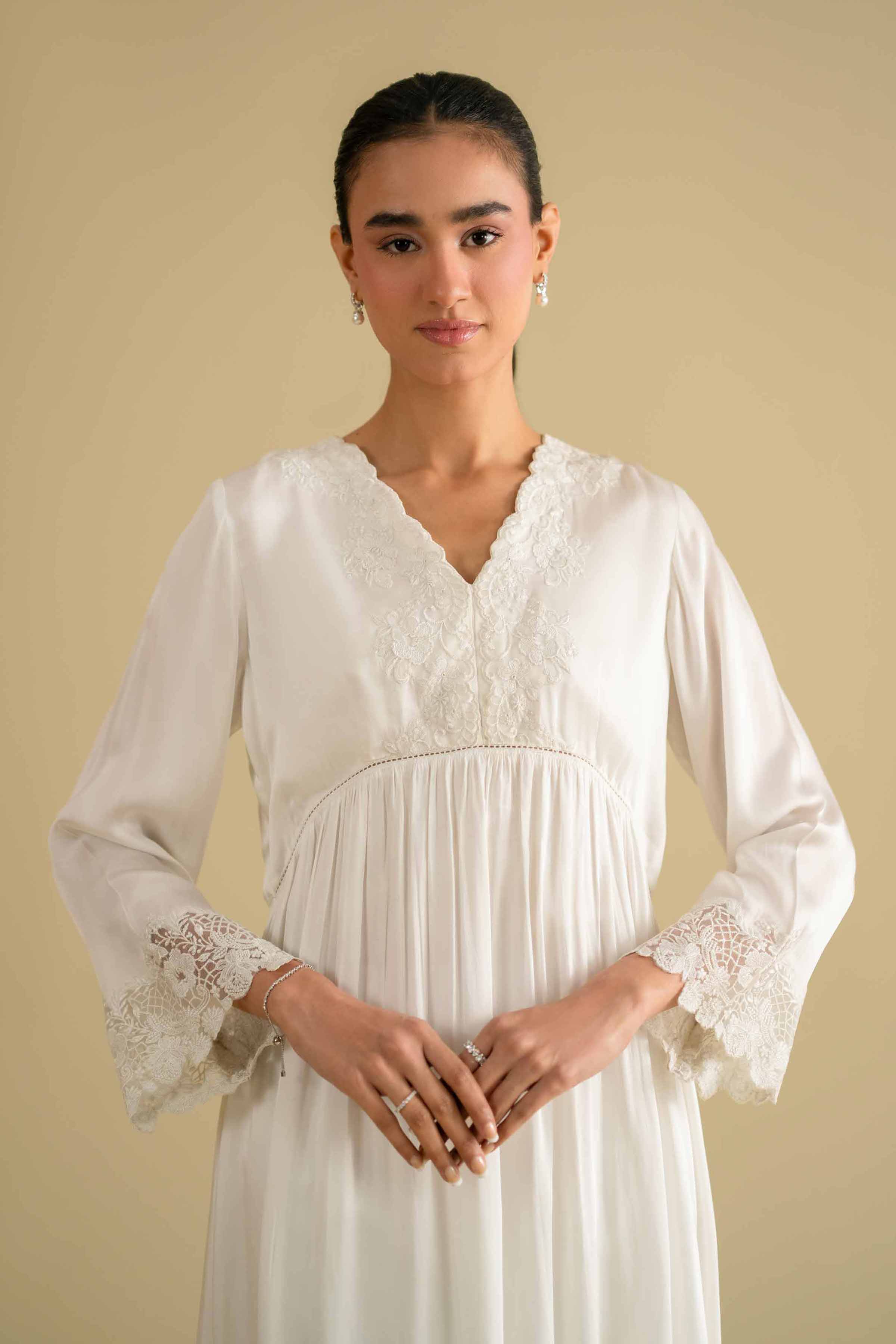 Embroidered Loungewear Gown - KLS26-11 White Silk 1PC Embroidered LUXURY