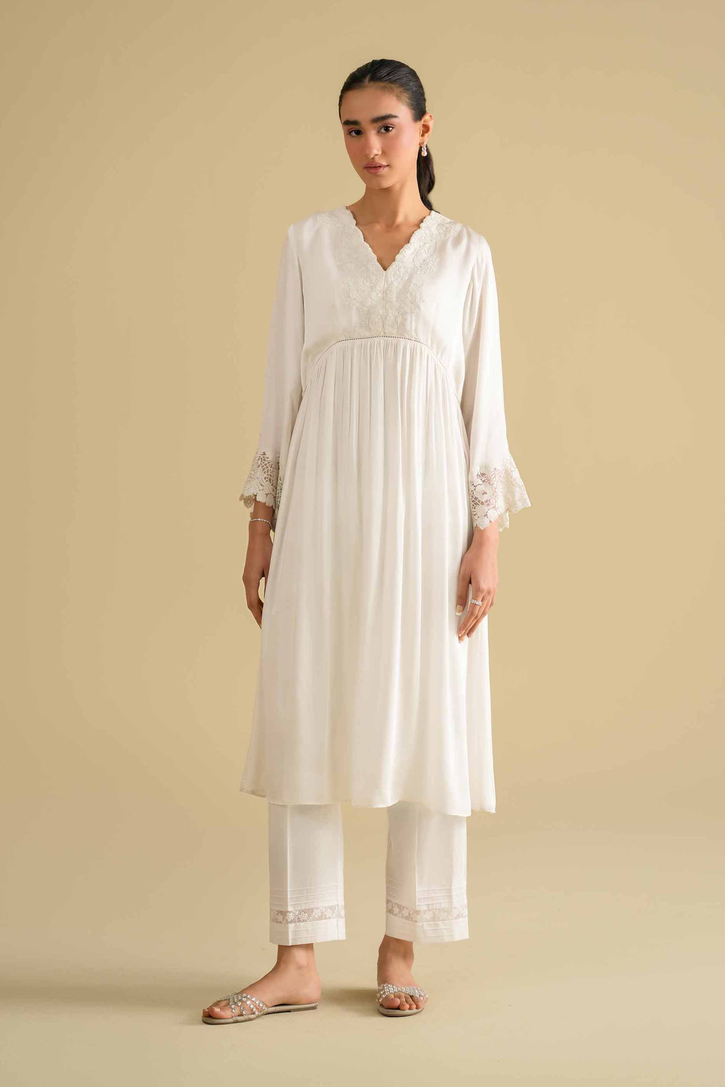 Embroidered Loungewear Gown - KLS26-11 White Silk 1PC Embroidered LUXURY