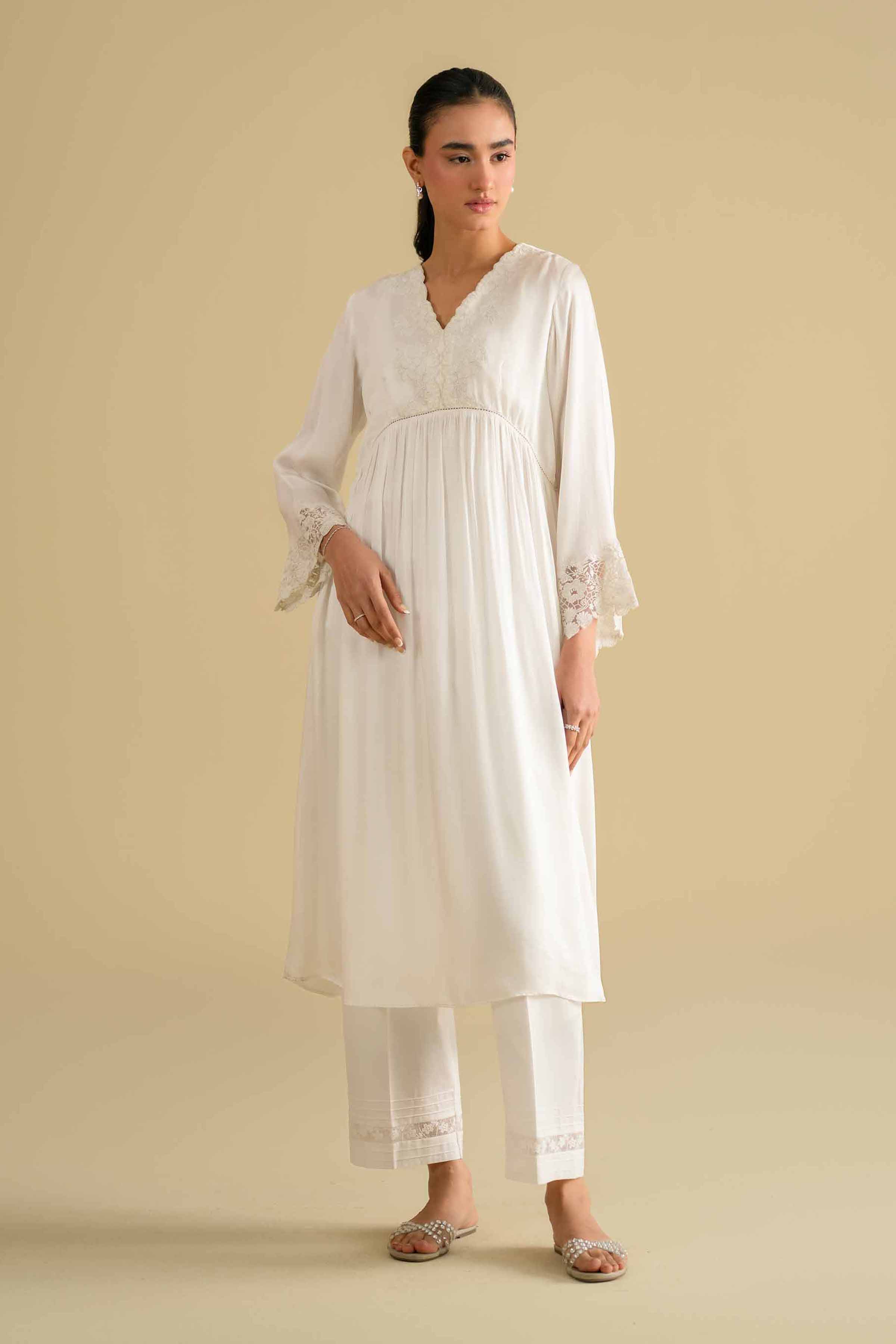 Embroidered Loungewear Gown - KLS26-11 White Silk 1PC Embroidered LUXURY