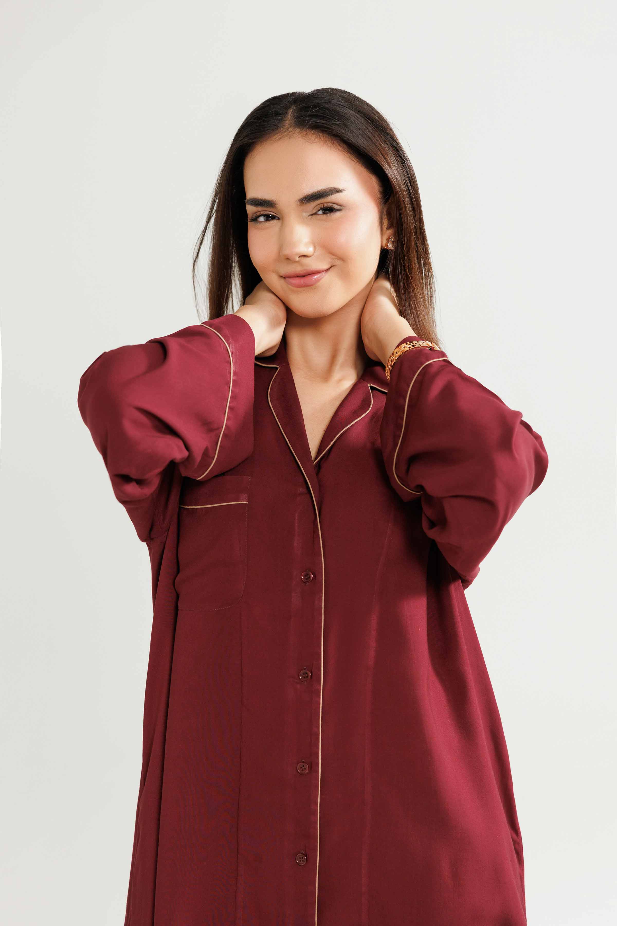 NISHATUAE - Maroon Solids Linen 2-piece Ready to wear Dress