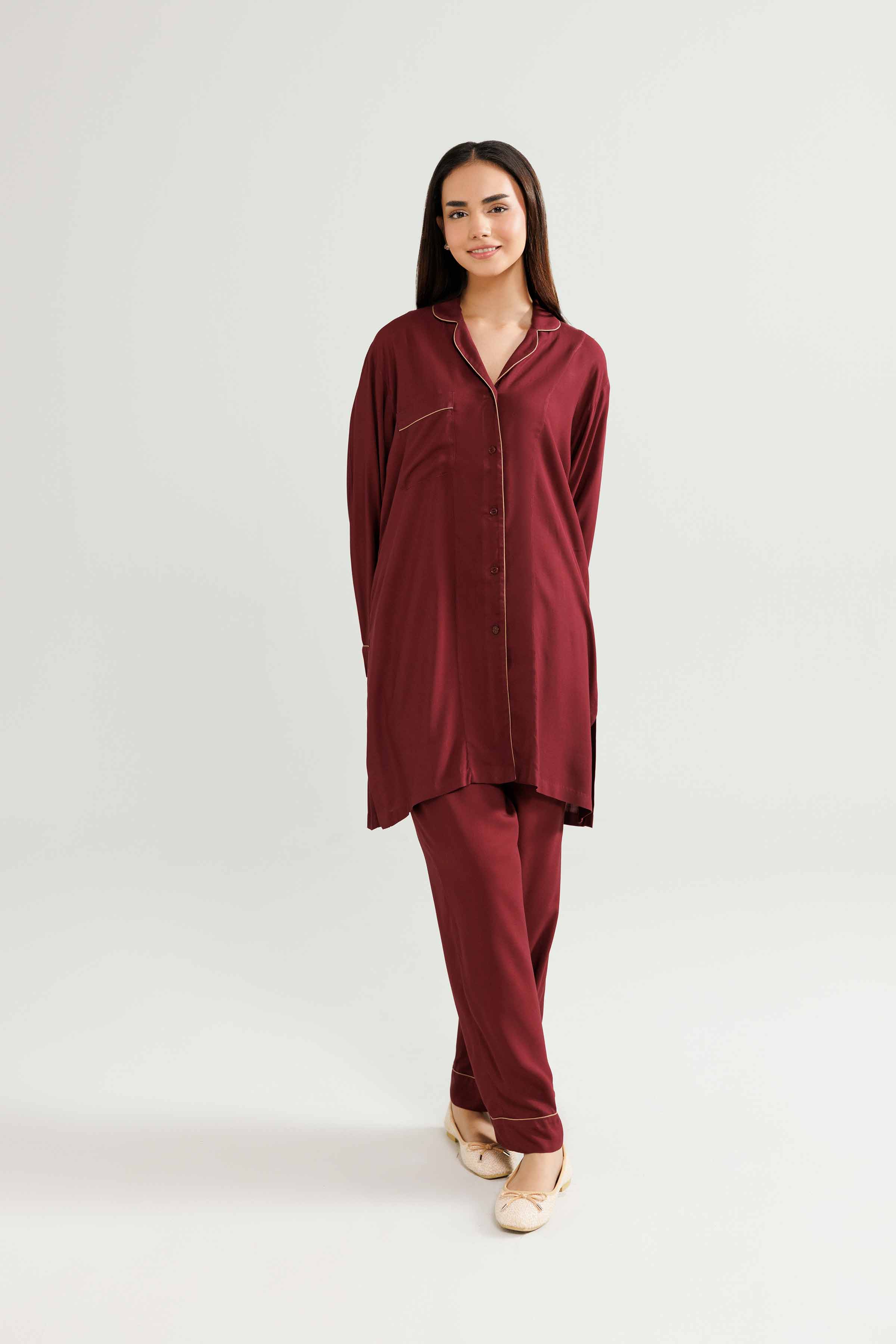NISHATUAE - Maroon Solids Linen 2-piece Ready to wear Dress