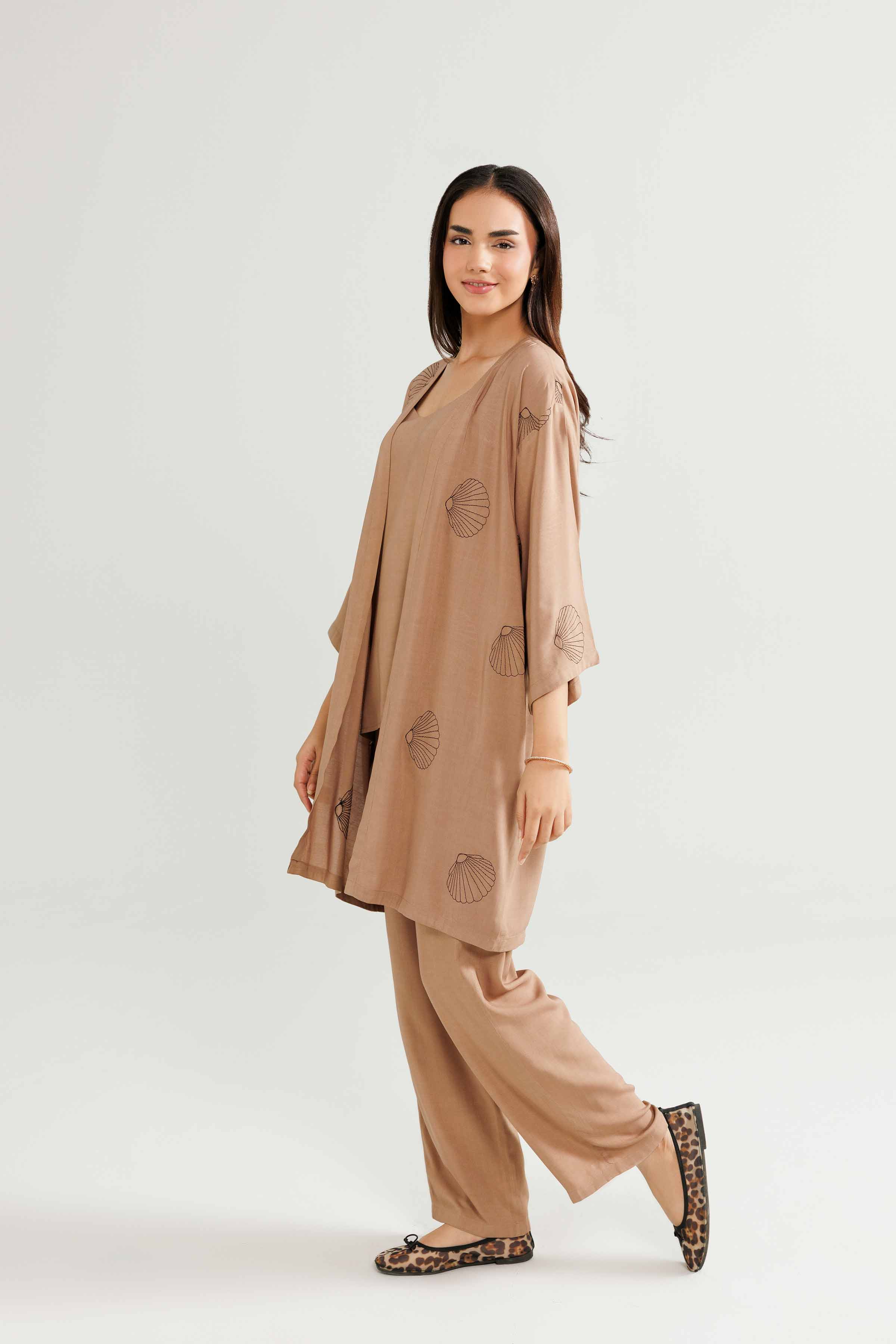 NISHATUAE - Brown Embroidered Linen 3-piece Ready to wear Suit