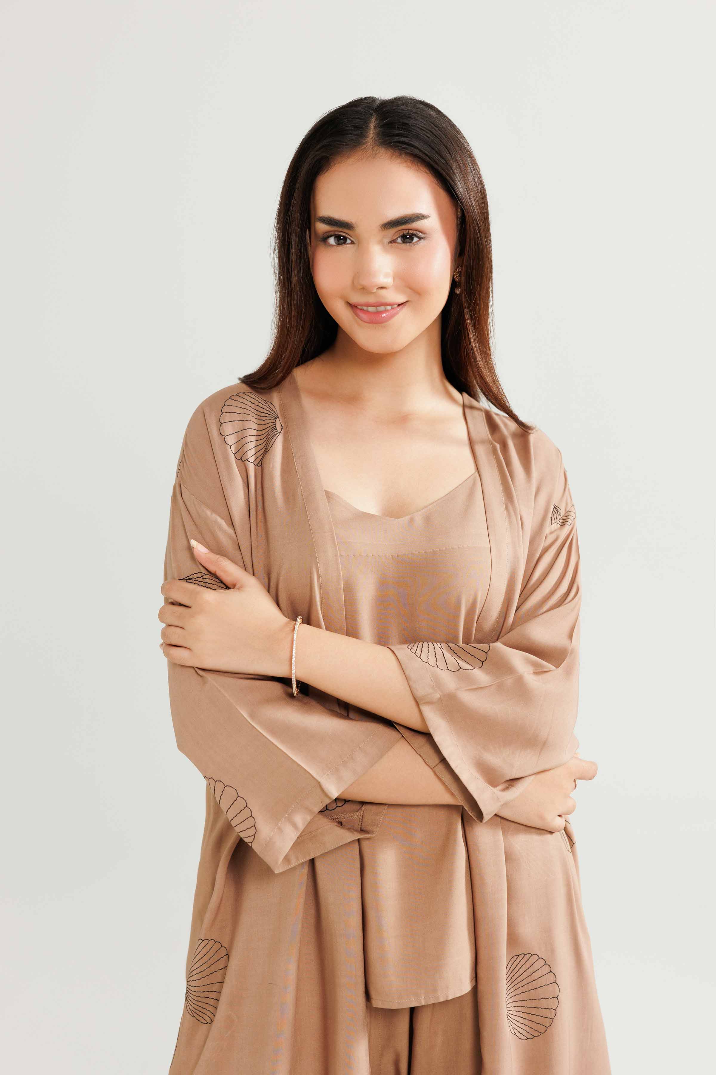 NISHATUAE - Brown Embroidered Linen 3-piece Ready to wear Suit