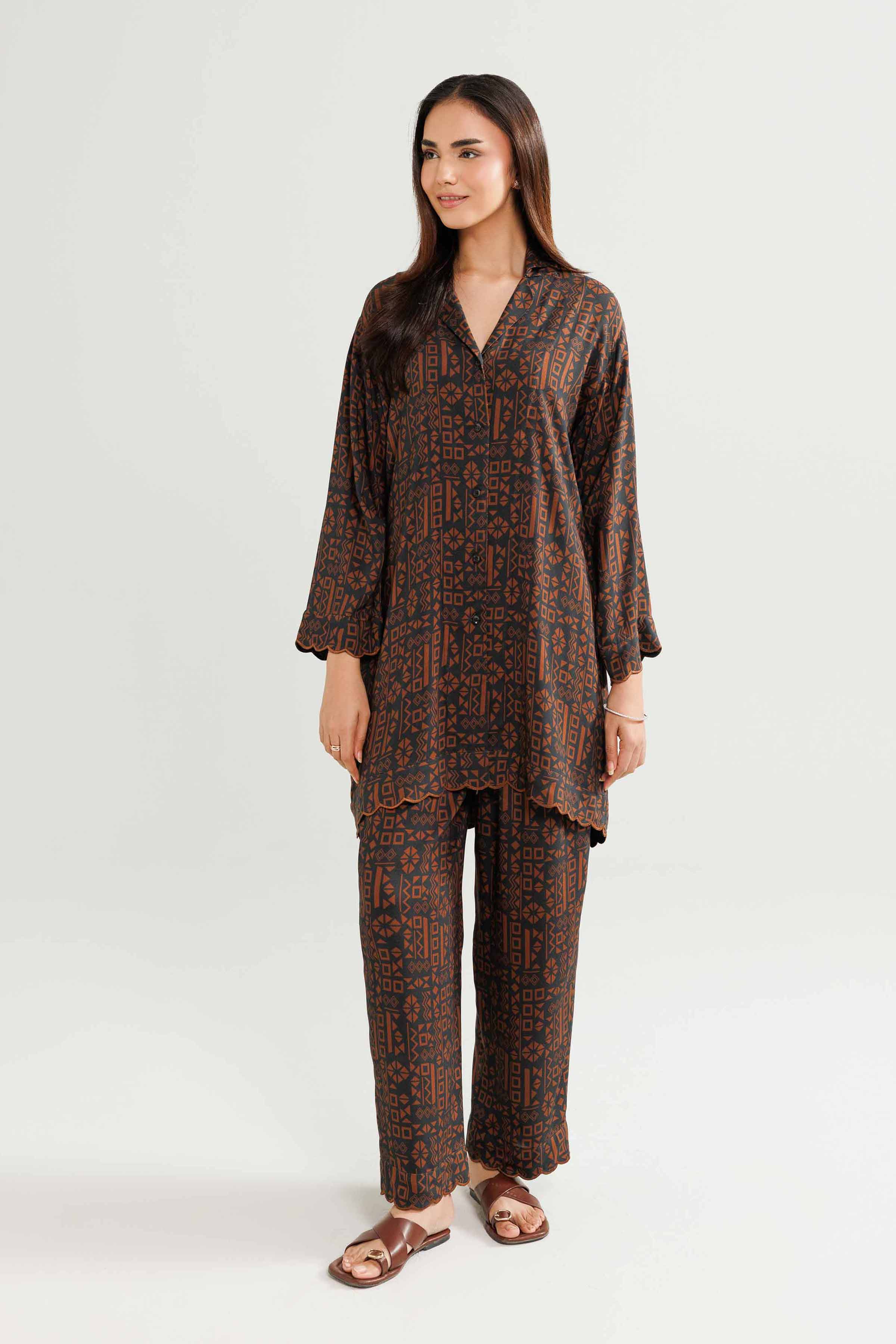 NISHATUAE - Brown Embroidered Linen 2-piece Ready to wear Dress