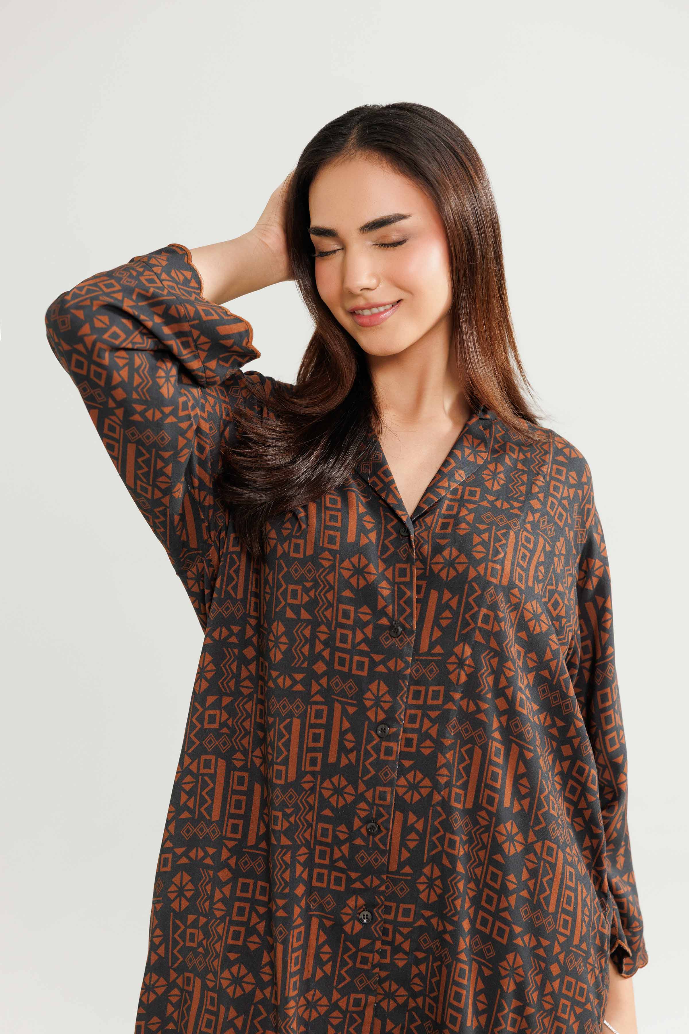 NISHATUAE - Brown Embroidered Linen 2-piece Ready to wear Dress