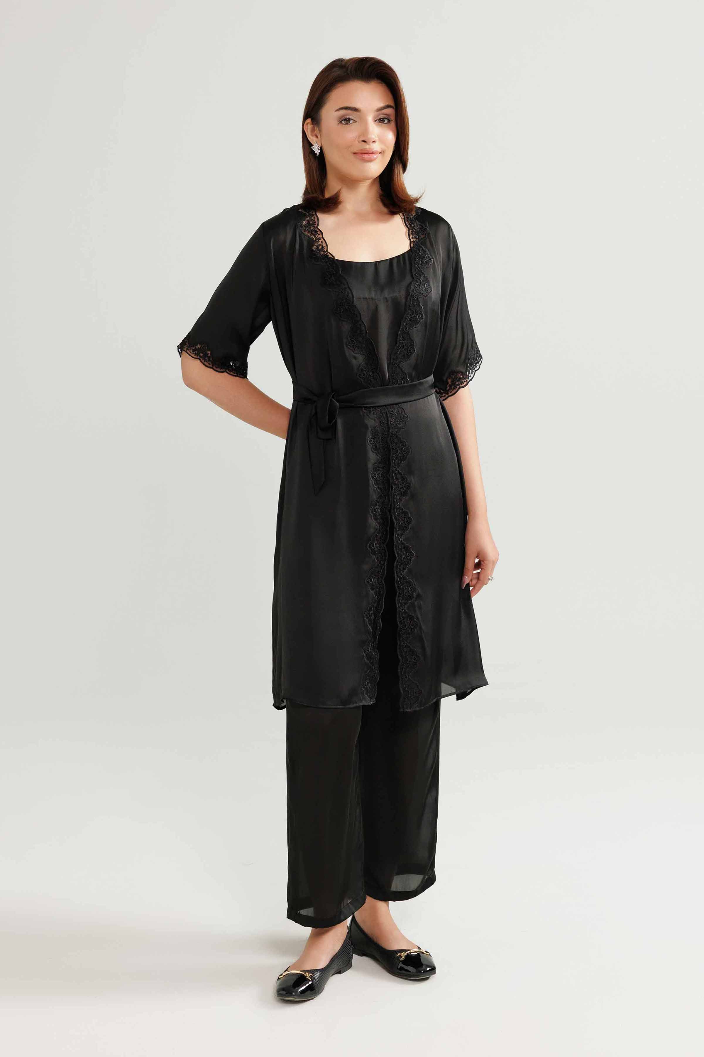 NISHATUAE - Black Embroidered Silk 3-piece Ready to wear Suit