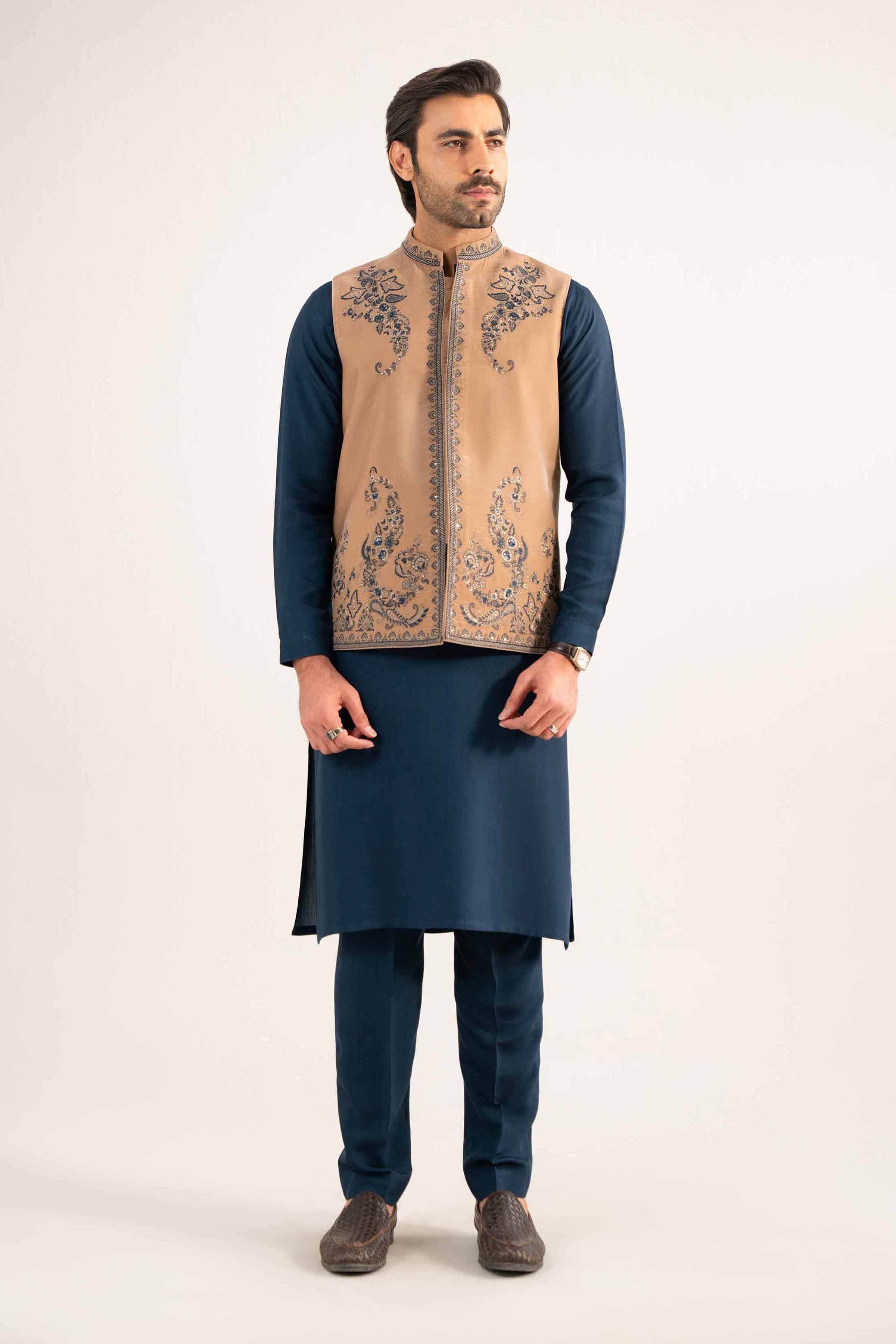NISHATUAE - Beige Embroidered Velvet Ready to wear Waistcoat
