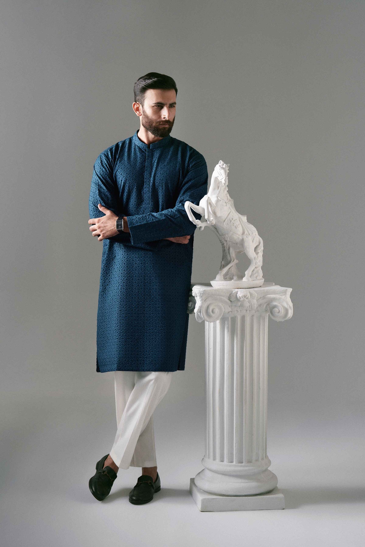 Blue Embroidered Kurta in Cotton ready-to-wear