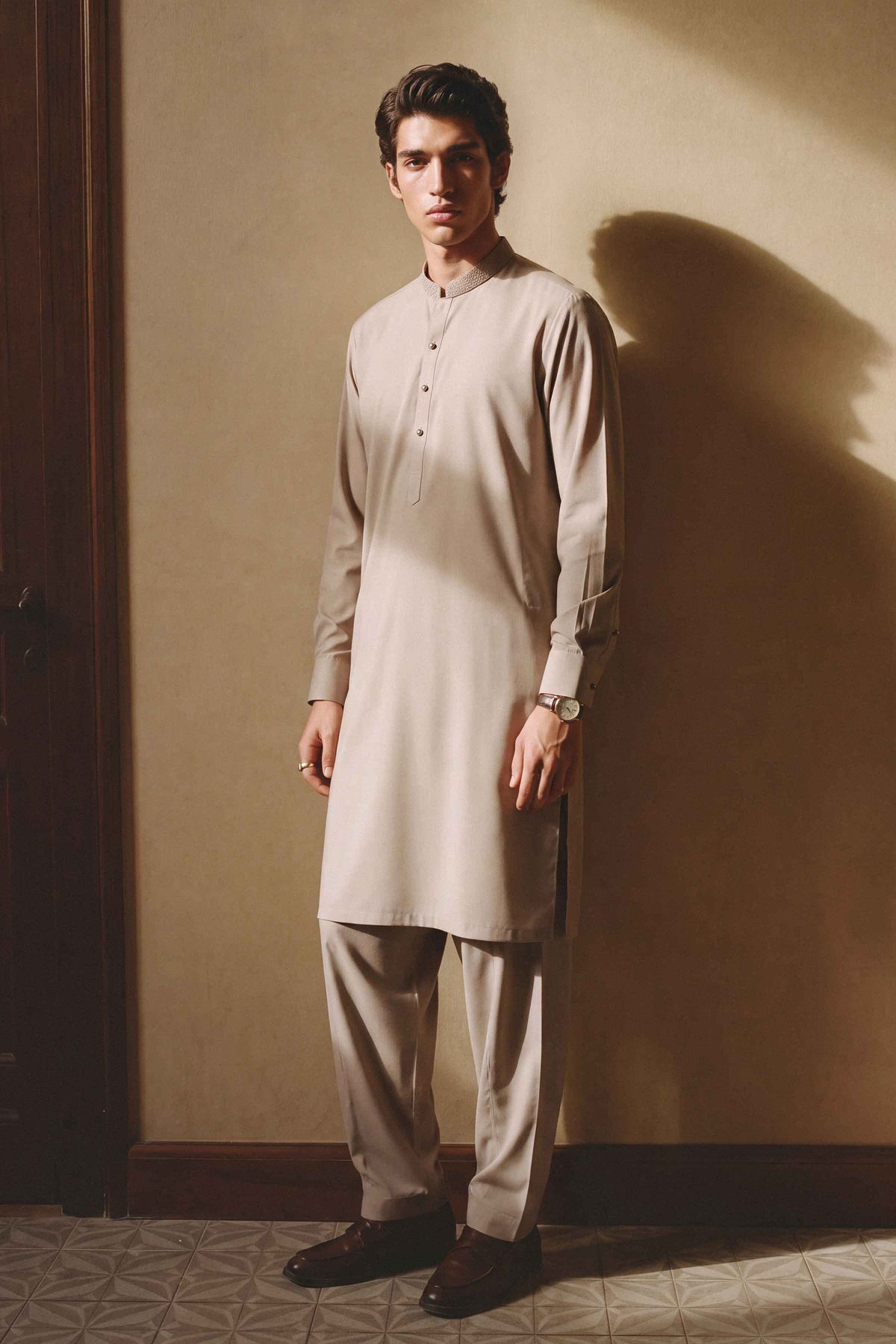 Beige 2-Piece Embroidered Suit in Wash & Wear ready-to-wear