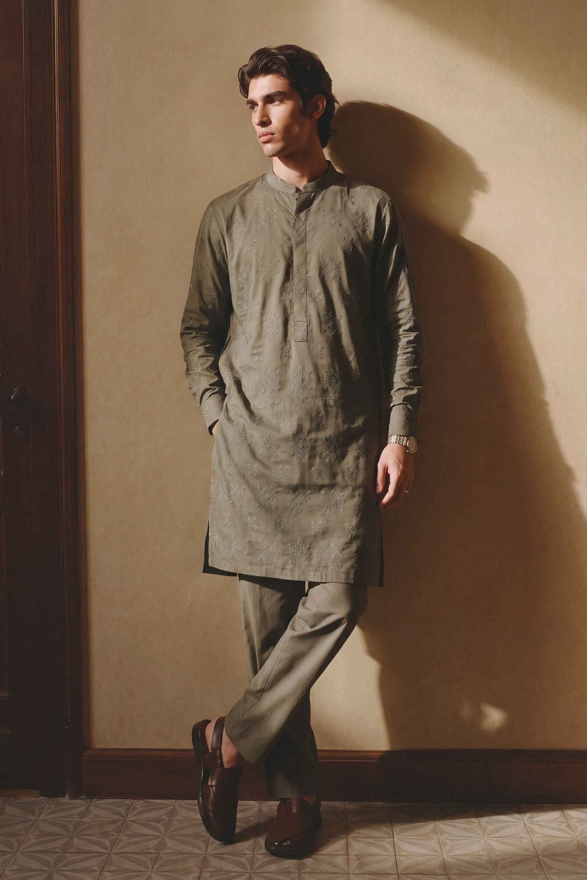 Green 2-Piece Embroidered Suit in Cotton ready-to-wear