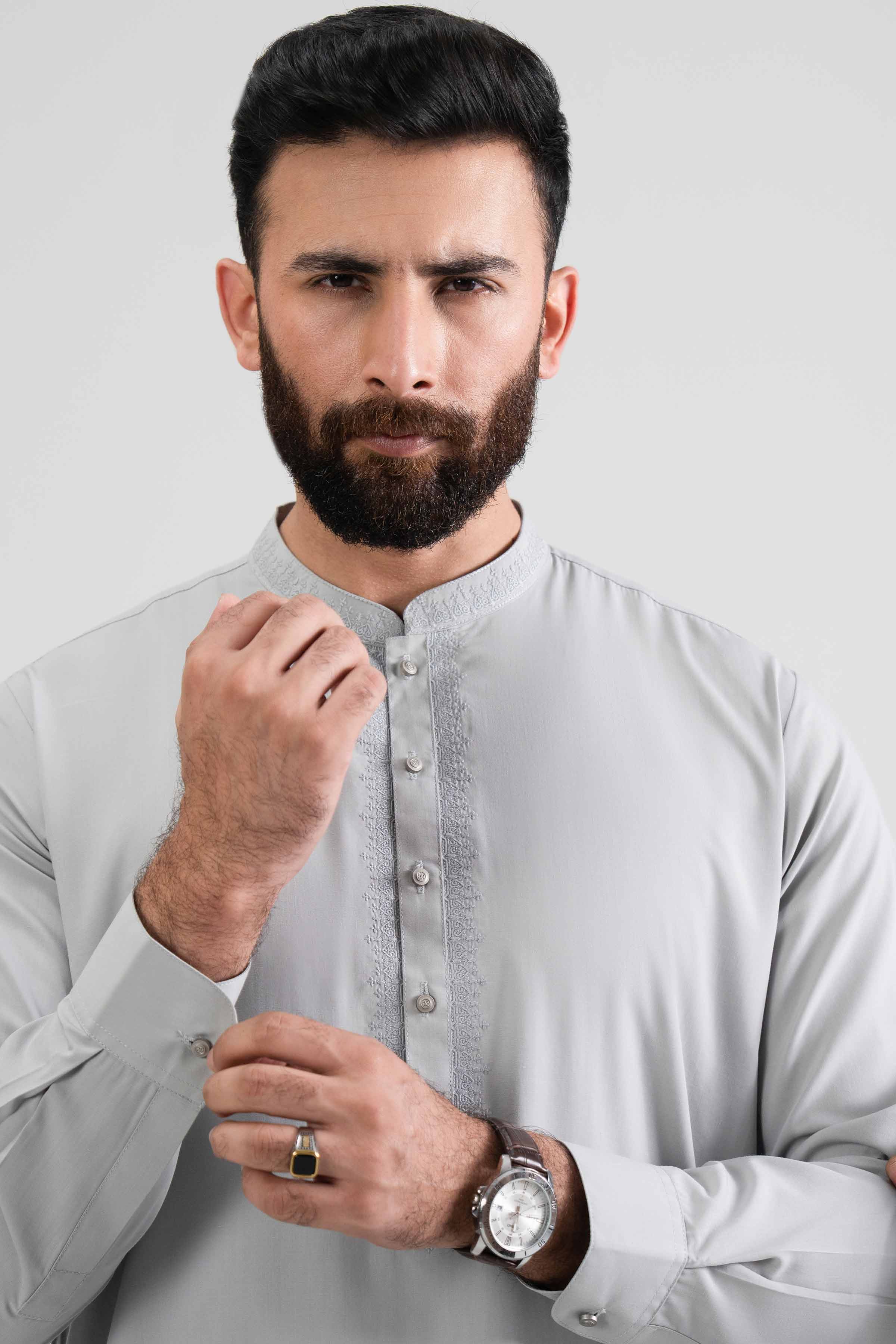 7 Piece - Embroidered Suit - NQ26-001 Ready To Wear Grey Blended 2PC Embroidered