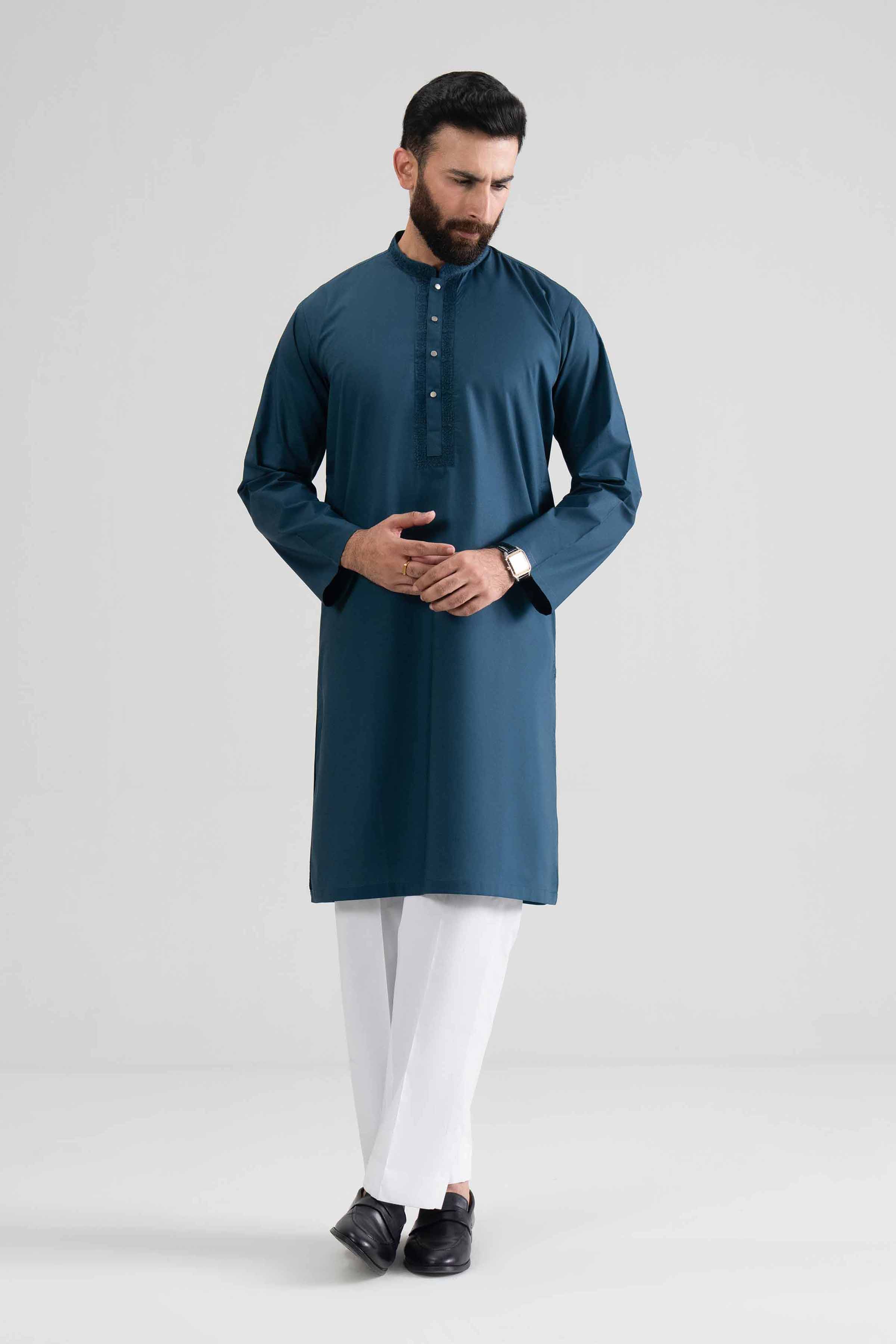 Embroidered Kurta - NQ26-008 Blue Cotton 1PC Embroidered